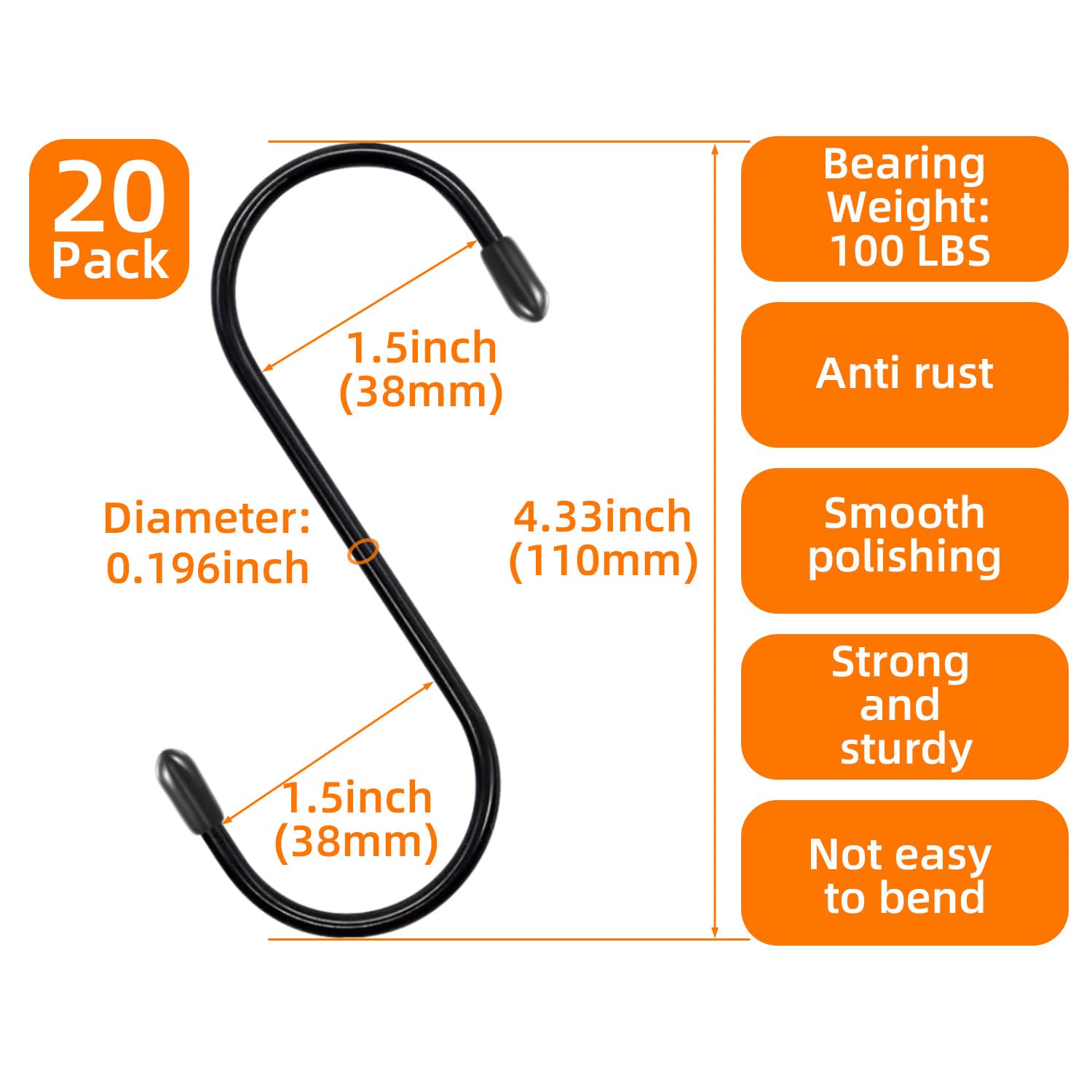 4.3 Inch Heavy Duty S Hooks - 20 Pack Black Metal Hanging Hooks for Plants, Curtains, Wardrobe, Kitchen & Home Organization - Ideal for Hanging Plants, Towels, Pans, Cups & Jeans Storage