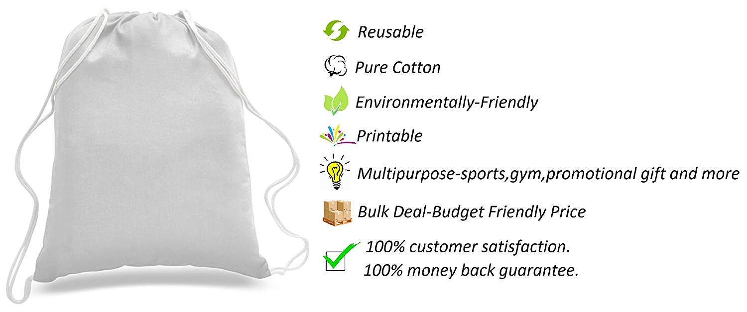(100 Pack) 100% Cotton Medium Drawstring Backpacks - Lightweight Sports Bags for Gym, School & Travel - Bulk Wholesale (White)
