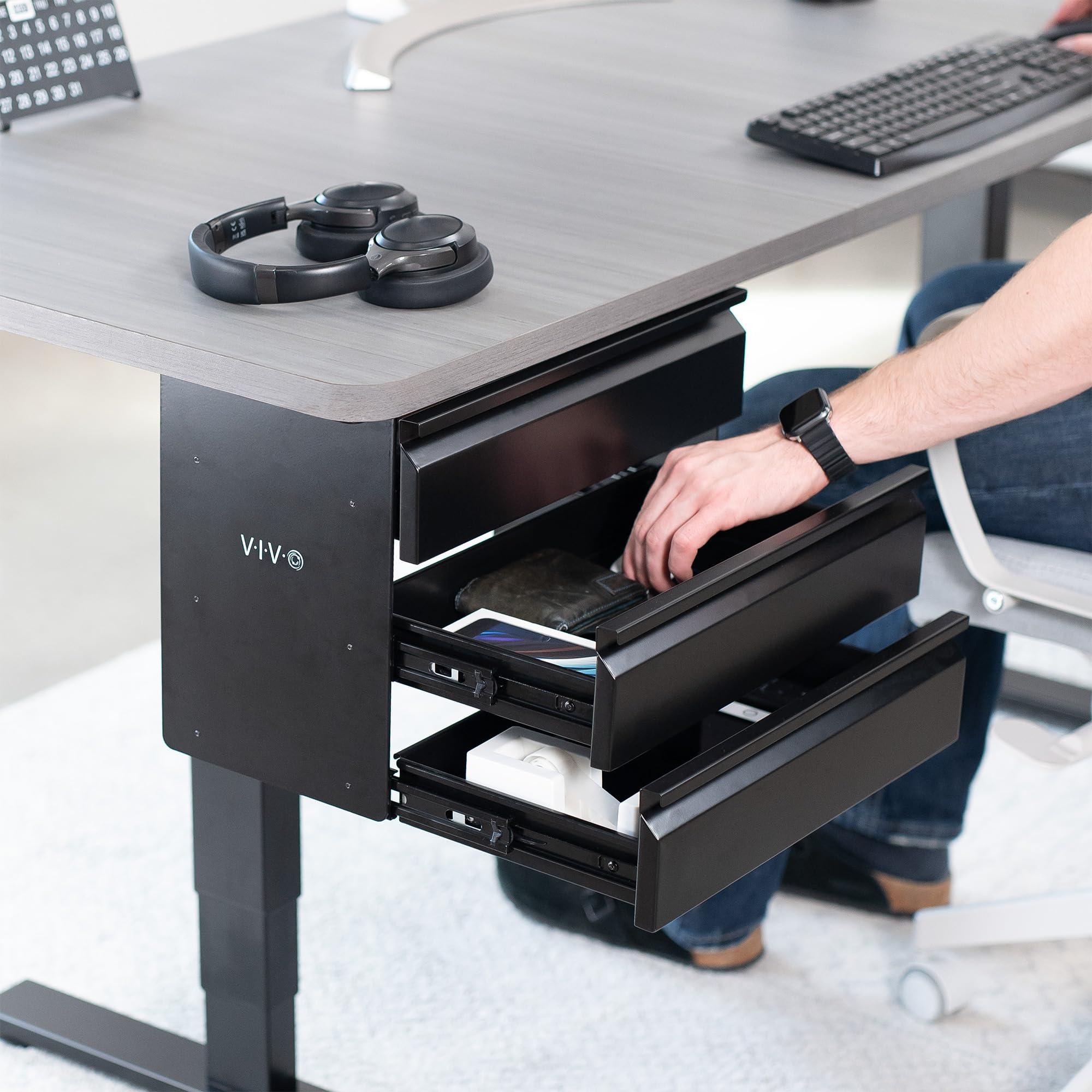 VIVO 16 Inch Under Desk Mounted Sliding Pull-Out 3 Tier Drawer Organizer - Black DESK-DR03 | Space Saving Vertical Storage for Office & Standing Desk | Perfect for Files, Stationery & Office Supplies Organization