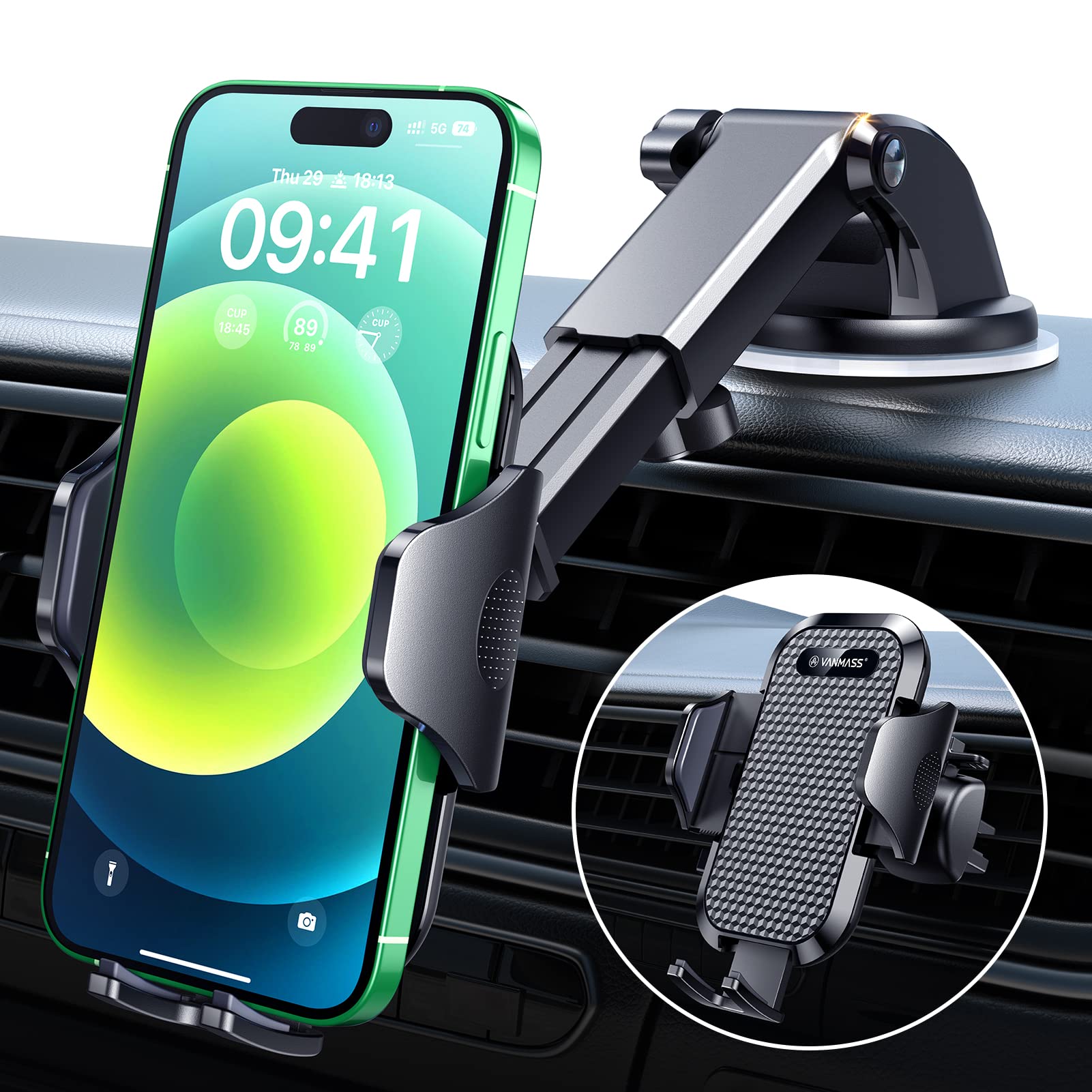 VANMASS Universal Car Phone Holder - Military-Grade Windshield & Dashboard Mount for iPhone, Samsung & Android Phones (65 lbs Strong Suction, Patent Certified) - Perfect for GPS Navigation, Hands-Free Calling & Road Trips