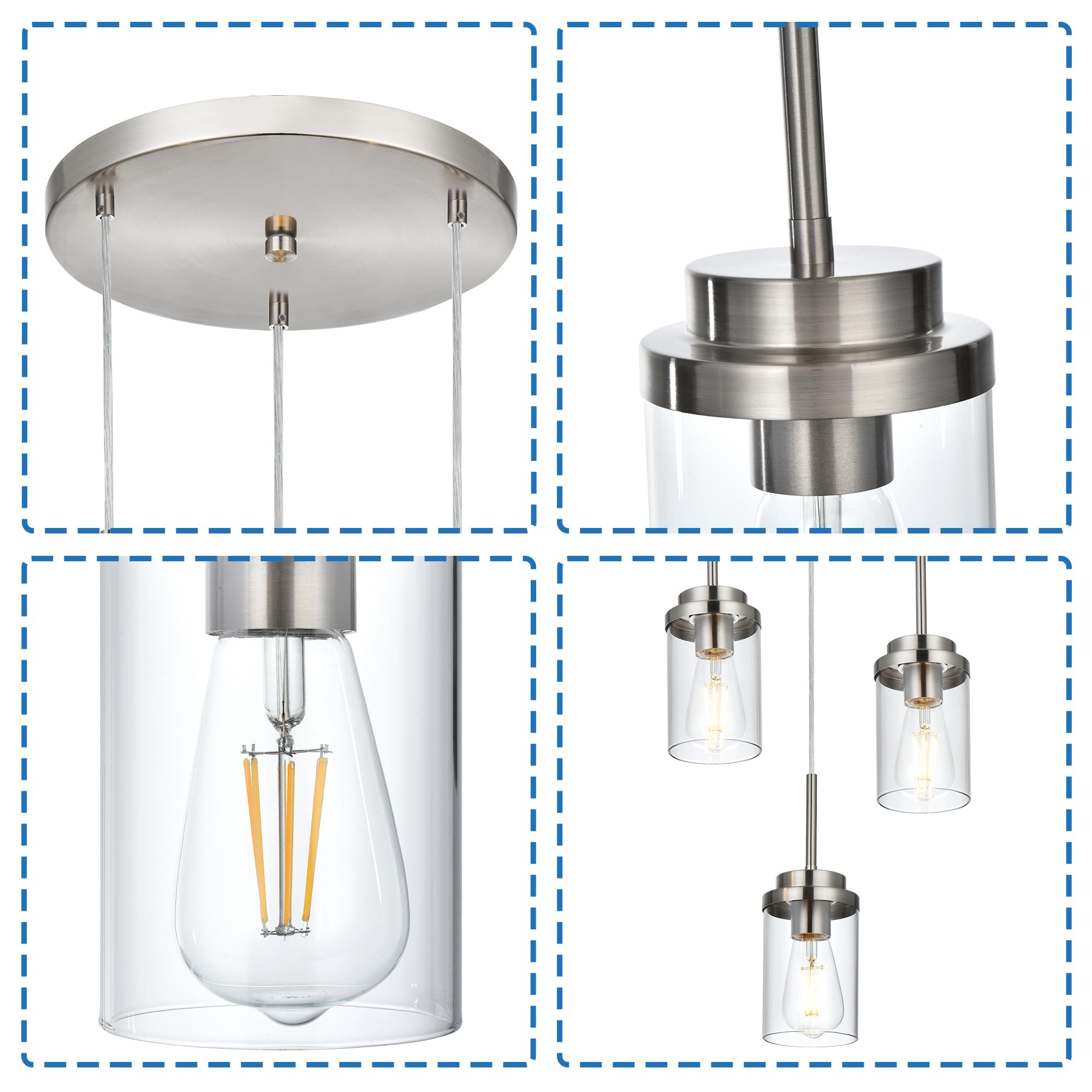 MELUCEE 3-Light Modern Chandelier for Dining Room & Kitchen Island - Brushed Nickel Finish, Adjustable Hanging Pendant Light with Clear Glass Shade - Perfect for Farmhouse, Contemporary & Transitional Home Decor
