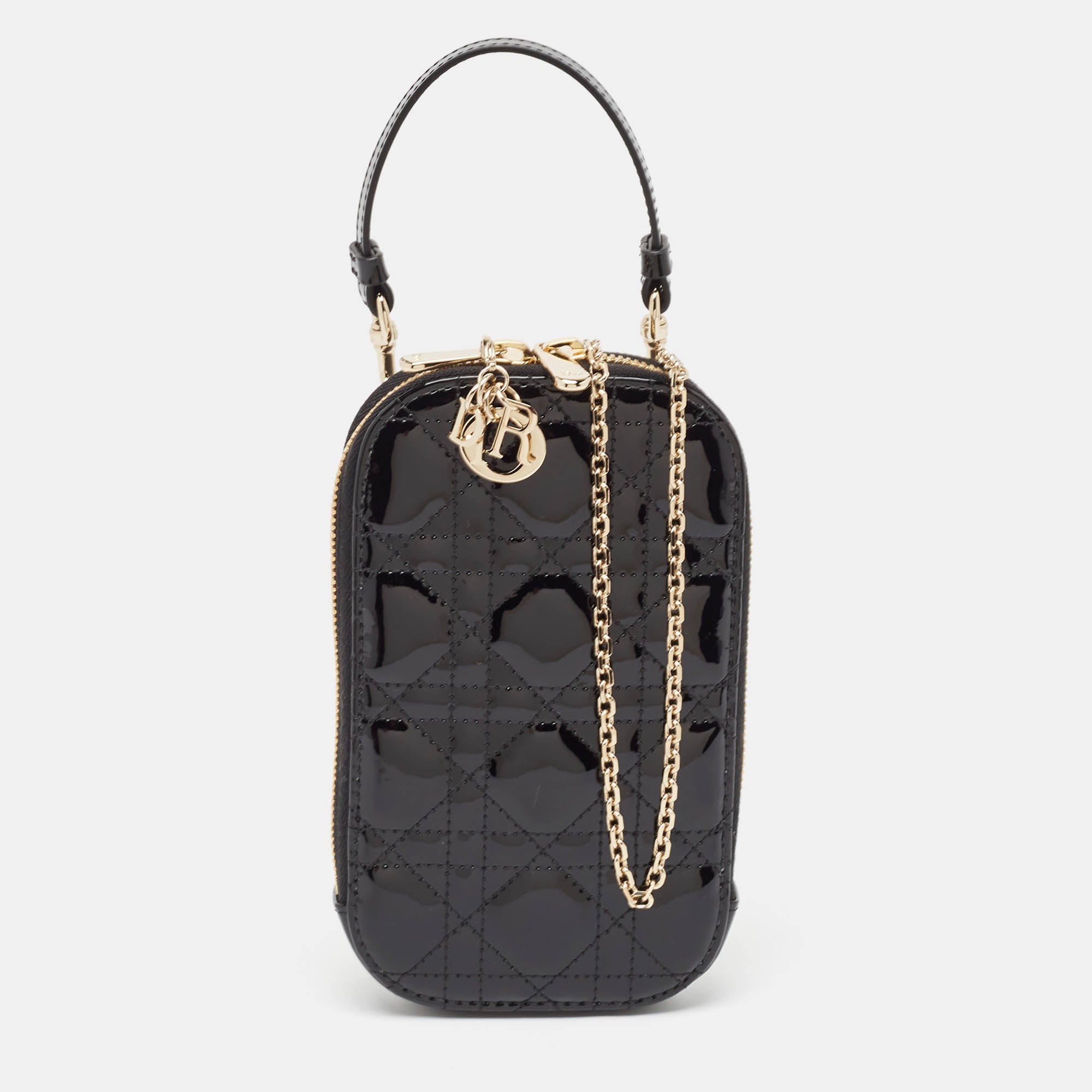 Black Cannage Patent Leather Call'in Chain Phone Holder - Stylish & Secure Crossbody Phone Strap for Women - Perfect for Shopping, Travel & Everyday Use