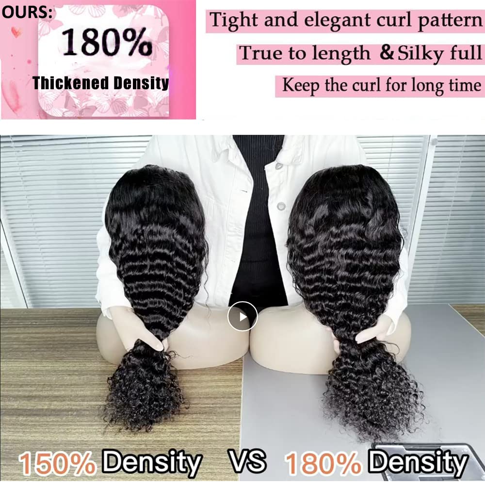 13x4 HD Transparent Lace Front Wig | Brazilian Virgin Human Hair | Water Wave Lace Front Wigs with Baby Hair | Pre-Plucked | 180% Density | 30 Inch Black Curly Wigs for Black Women | Perfect for Daily Wear, Parties & Special Occasions