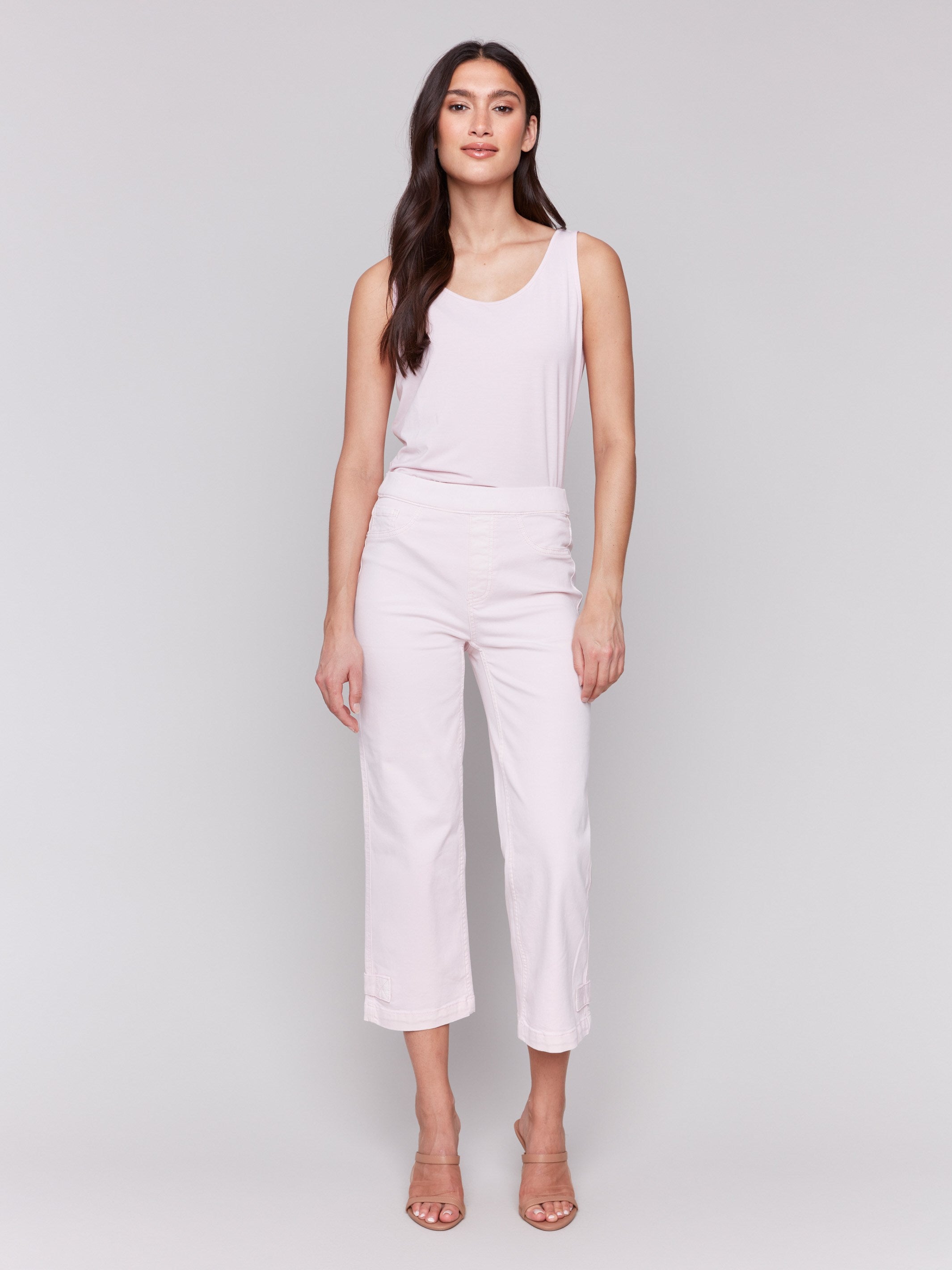 Cropped Pull On Twill Pants with Hem Tab - Women's High Waisted Casual Ankle Pants for Work, Travel & Everyday Wear | Petal
