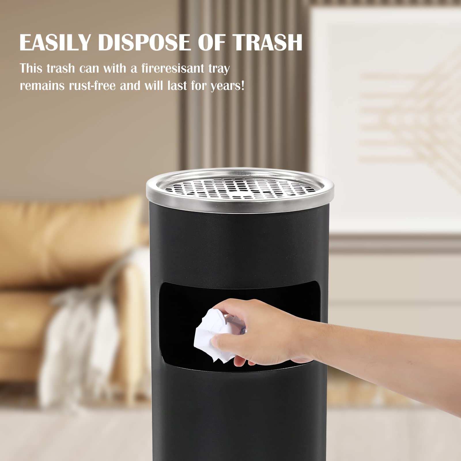 Stainless Steel Outdoor Trash Can with Removable Inner Bucket - 9.8 x 24 Inch Commercial Waste Bin for Patio, Garden & Restaurant Use - Durable Round Garbage Container (Black)