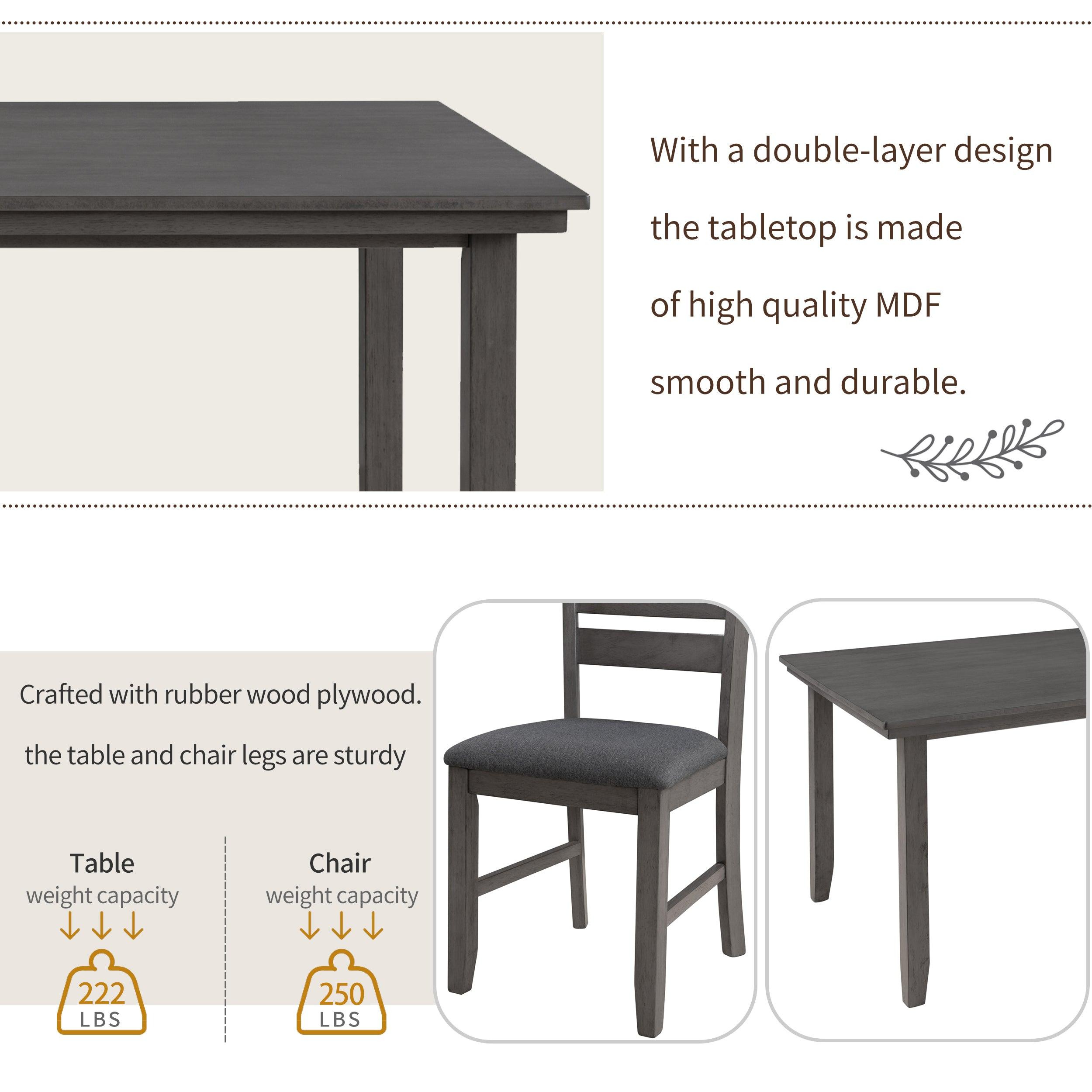 Rustic Wood Dining Room Table and Chairs Set with Bench - 6 Piece Gray Farmhouse Kitchen Furniture for Family Gatherings & Dinner Parties