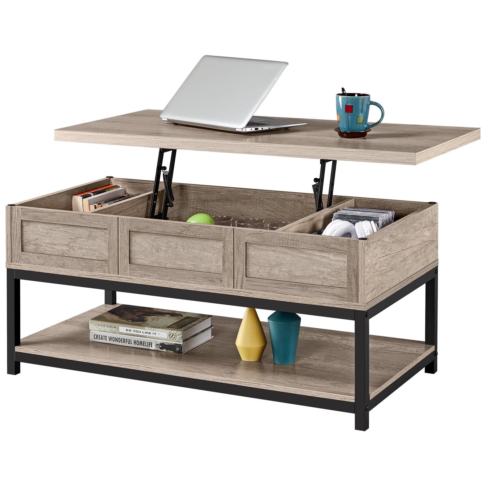 Yaheetech Lift Top Coffee Table with Hidden Storage & Open Shelf, Adjustable Height 18-23 Inches - Modern Gray Cocktail Table with Metal Frame for Living Room, Reception Area | Perfect for Entertaining, Remote Work & Small Space Living