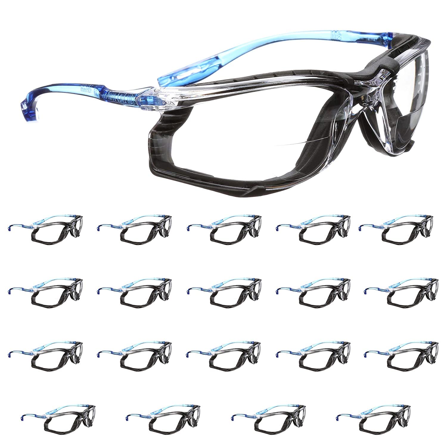 3M Virtua CCS Safety Glasses with +2.5 Readers - ANSI Z87.1 Certified, Anti-Fog Clear Lens & Frame, Blue Arms, Corded Ear Plug System, Removable Foam Gasket (20-Pack) - Perfect for Construction, Lab Work & DIY Projects