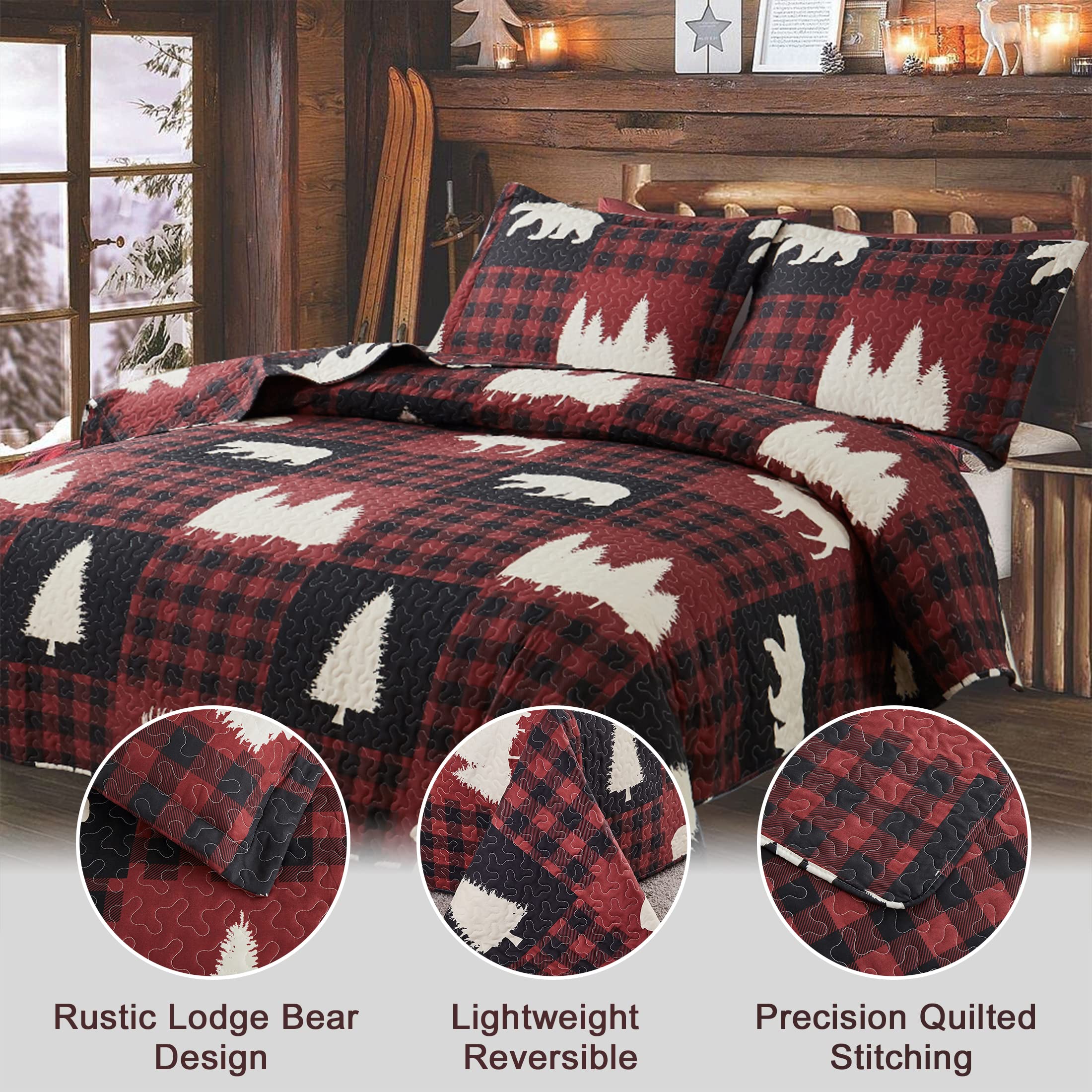 Rustic Buffalo Plaid Quilt Set - Twin Size Red & Black Lodge Bedspread, Lightweight Reversible Coverlet with Forest Moose Bear Design | Perfect for Cabin, Country Home, or Lodge Bedroom Decor