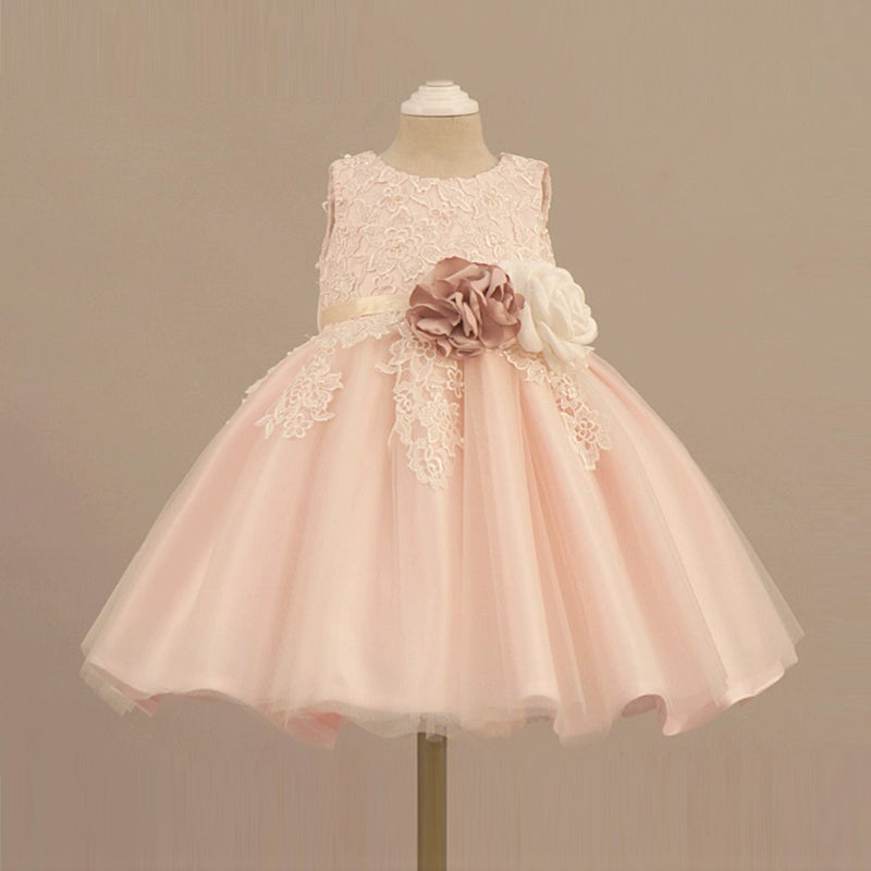 Pink Princess Round Tea Length Lace Flower Girl Dress for Weddings, Baptisms & Special Occasions