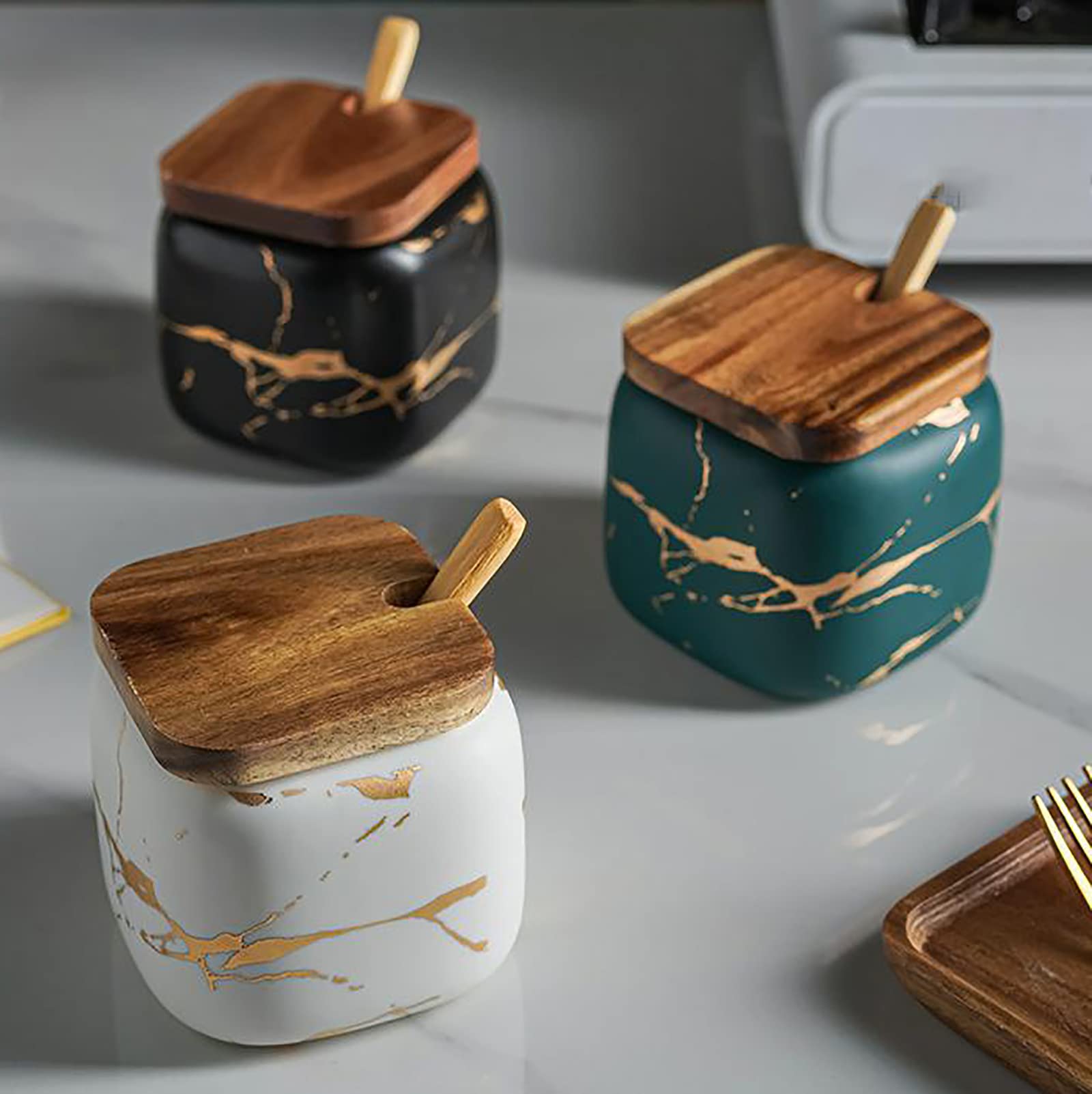 2 Sets Marble Ceramic Seasoning Jars with Lids - Sugar Bowl, Tray & Spoons Set (Black & White) for Kitchen Countertop, Dining Table & Coffee Bar Decor