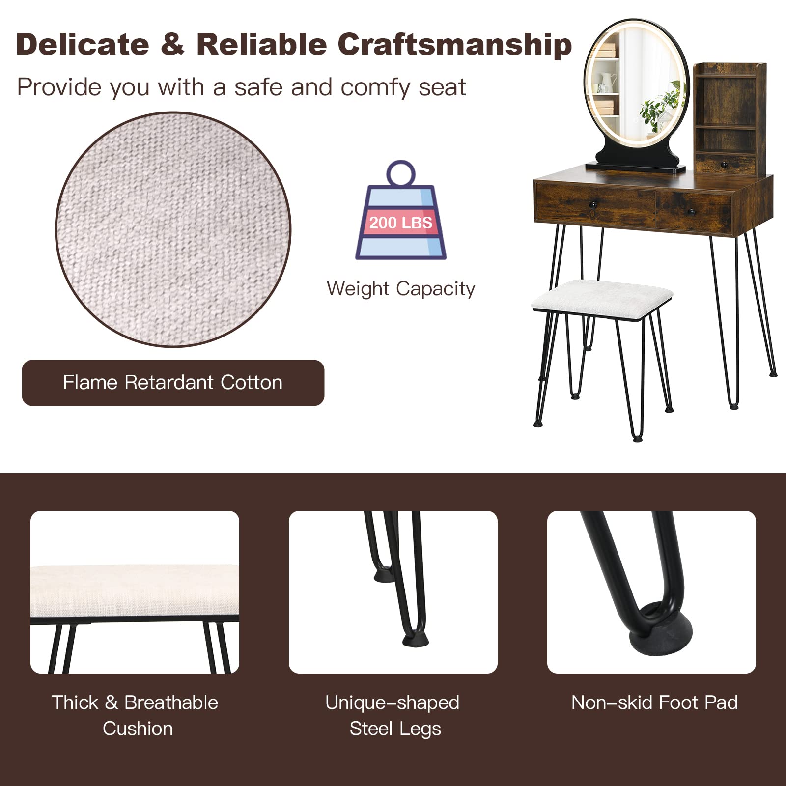 Charmaid Makeup Vanity Table with LED Lights - 3 Drawers & Shelves, Adjustable Brightness, Dressing Desk with Stool - Perfect for Women & Girls Bedroom, Beauty Salon (Rustic Brown)