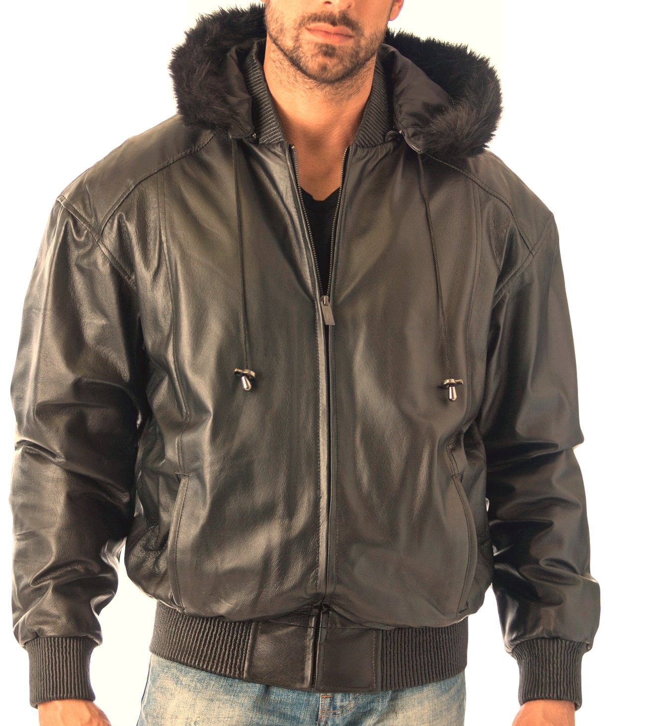 REED Men's Hooded Leather Bomber Jacket with Removable Lining - Stylish Winter Coat for Casual Outings & Motorcycle Riding