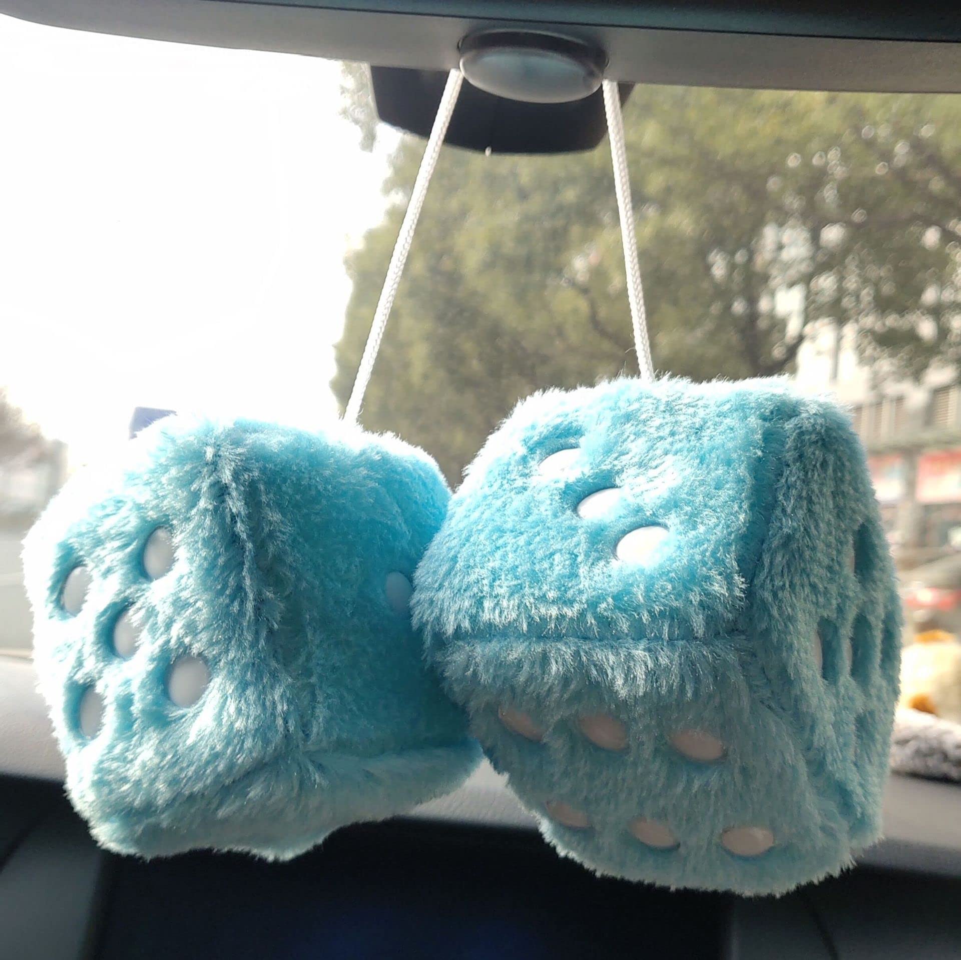 3” Black & White Polka Dot Fuzzy Plush Dice Mirror Hanging Ornament - Soft Car Decor for Rearview Mirror, Bedroom, or Party Decoration