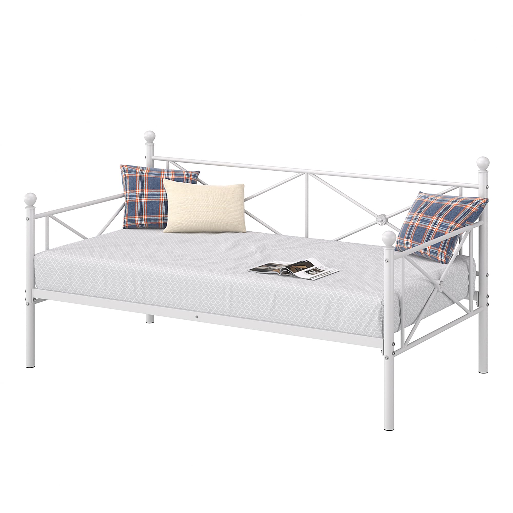 VECELO Twin Daybed Frame - Sturdy Metal Platform Bed with Elegant Headboard, No Box Spring Needed, Perfect for Bedroom, Living Room & Guest Room - Pure White | Ideal for Small Spaces, Sleepovers & Multi-Purpose Use