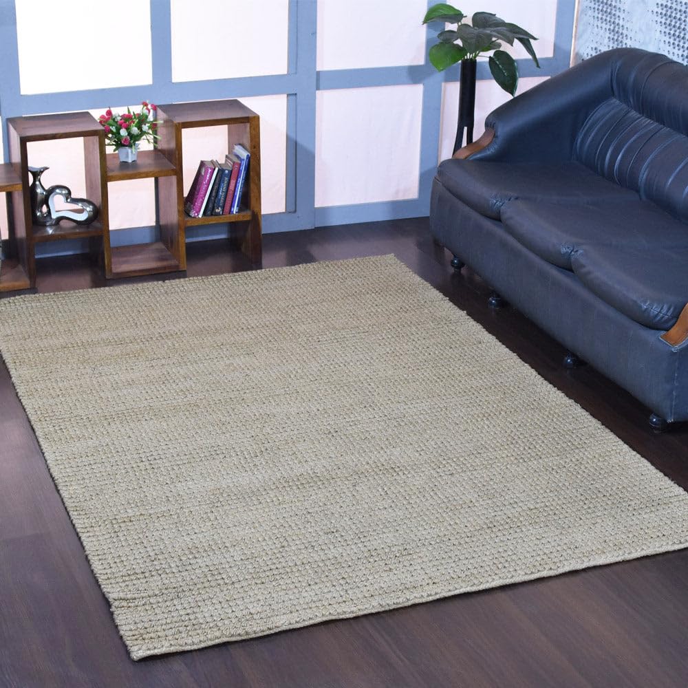Hand Woven Jute Eco-Friendly Solid Area Rug 5'x8' - Natural Fiber High Pile Rectangle Beige Rug for Living Room & Bedroom | Indoor/Outdoor Use | Perfect for Boho Decor, Patio & Cozy Home Spaces (J00059)
