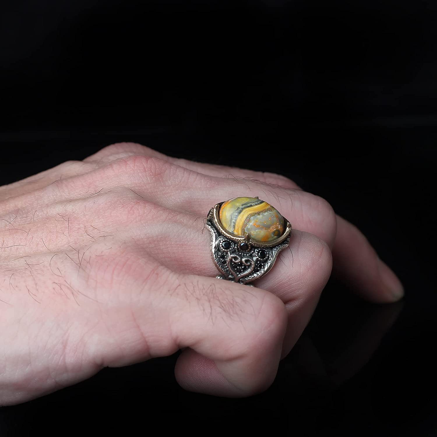 925 Sterling Silver BumbleBee Jasper Gemstone Ring for Men - Handmade Ottoman Turkish Style Jewelry - Unique Gift for Boyfriend, Husband, Father | Perfect for Birthdays, Anniversaries & Special Occasions