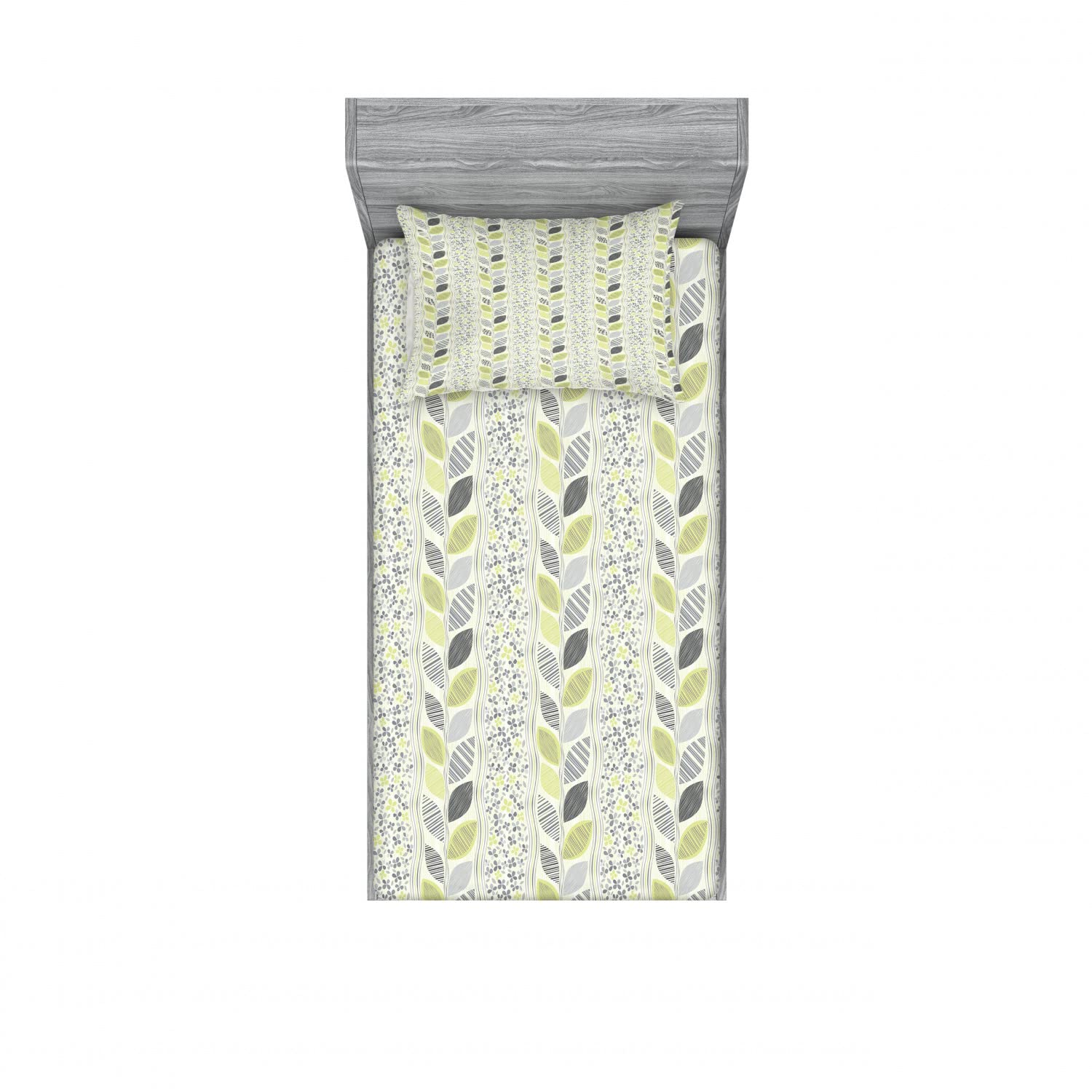 Ambesonne 2-Pack Abstract Striped Leaf Design Twin Fitted Sheet & Pillow Sham Set - 4 Piece Bedding Collection in Green & Grey - Perfect for Guest Rooms, Kids' Bedrooms & Dorm Decor