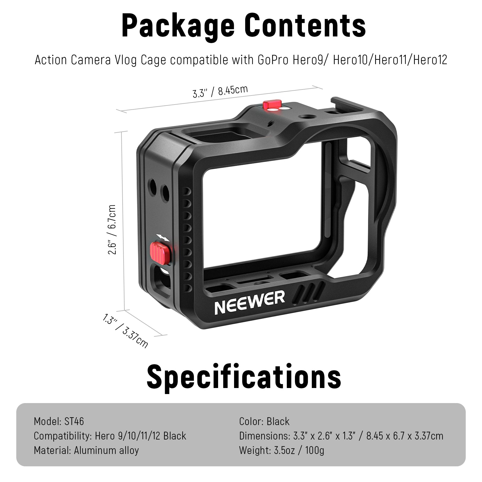 NEEWER ST46 Action Camera Cage for GoPro Hero 9/10/11/12 - Universal Mounting System for Vlogging, Sports & Adventure Filming - Perfect for YouTube, Travel & Underwater Photography