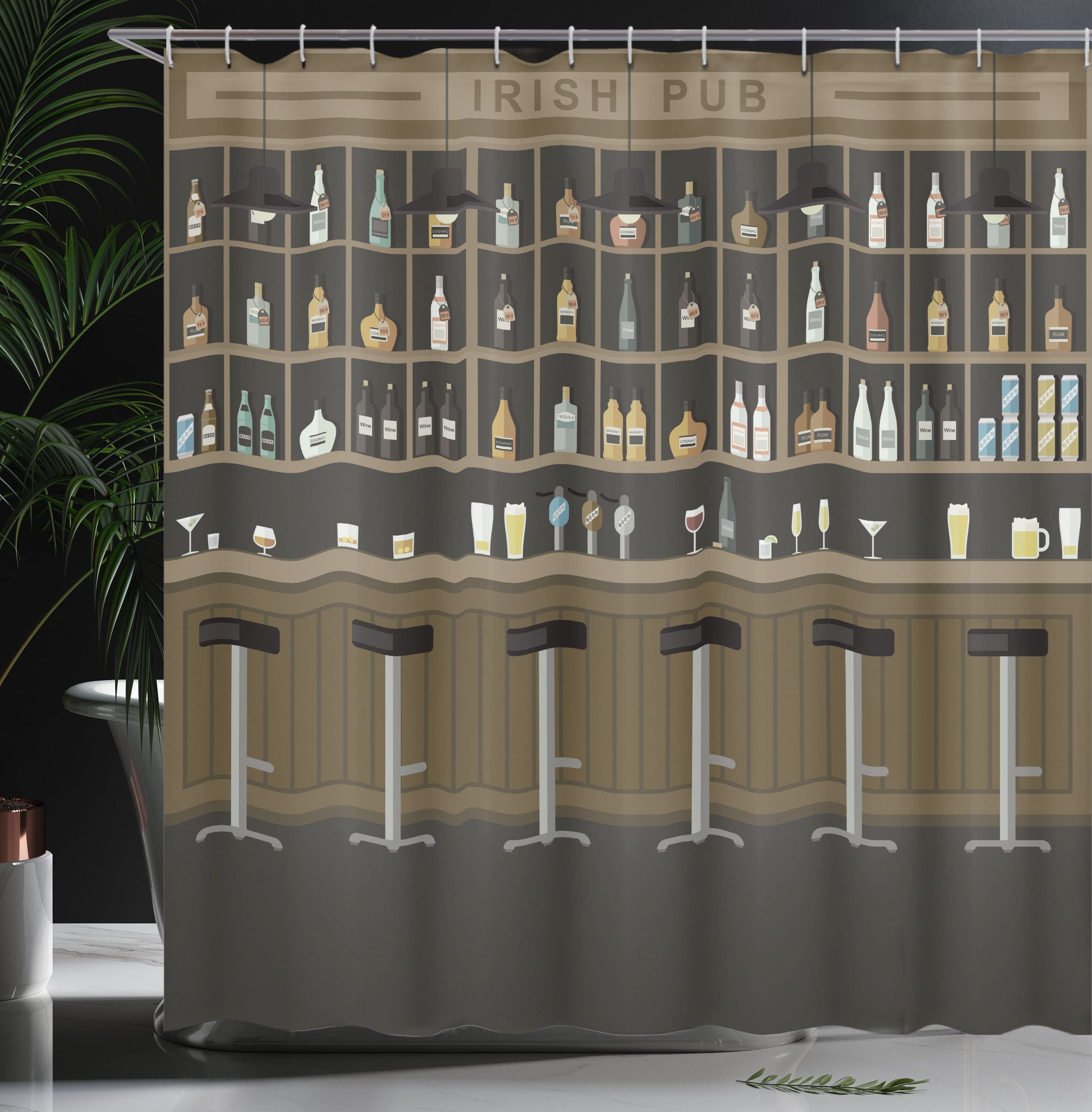 Ambesonne Irish Pub Themed Shower Curtain - Cartoon Bar & Restaurant Design with Stools, Bottles & Cocktails - 69x84 Inch Taupe Brown Fabric Bathroom Decor with Hooks - Perfect for Pub Lovers' Home & Bar Themed Bathrooms