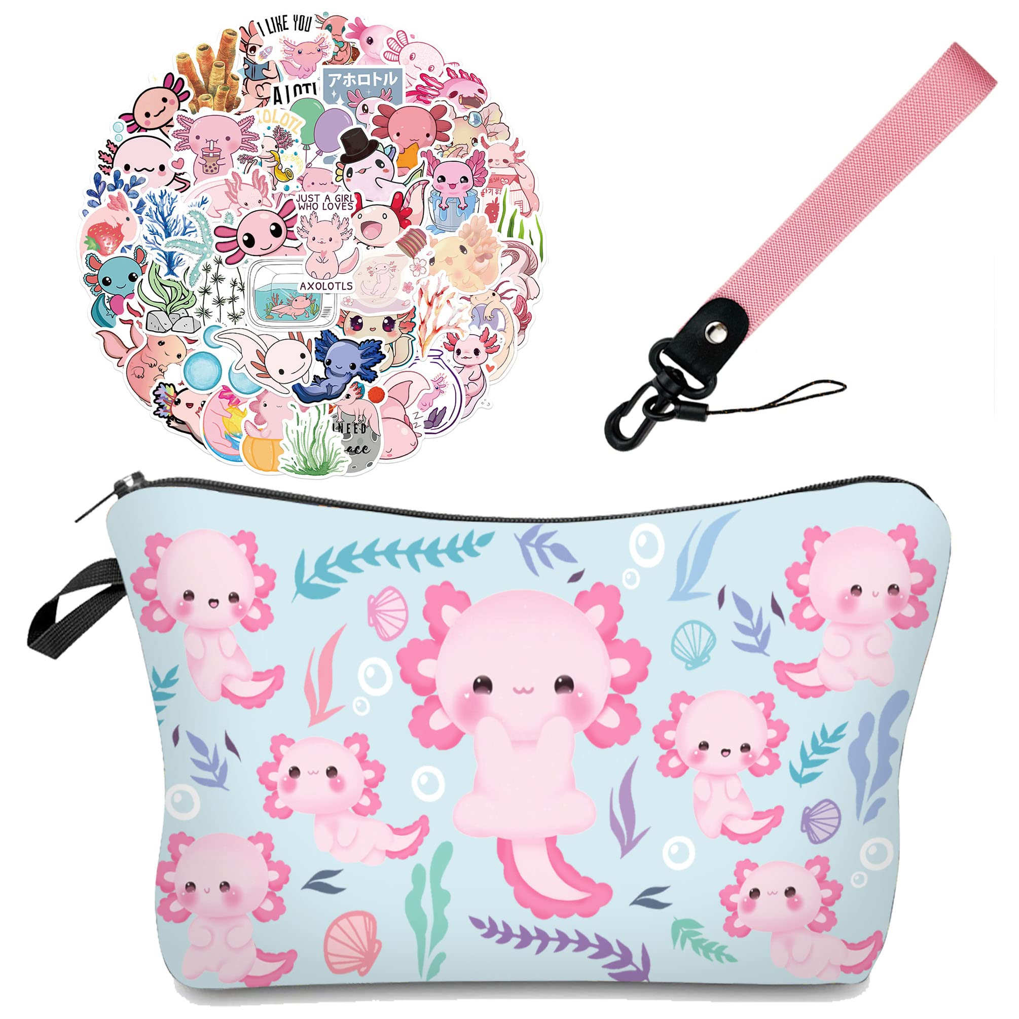 Cute Mini Makeup Bag for Women & Girls - Small Cosmetic Pouch with Wrist Strap, Travel Toiletry Organizer, Pencil Case - Perfect for Purse, School, Gym & Travel - Adorable Axolotl Design with Free Stickers Gift