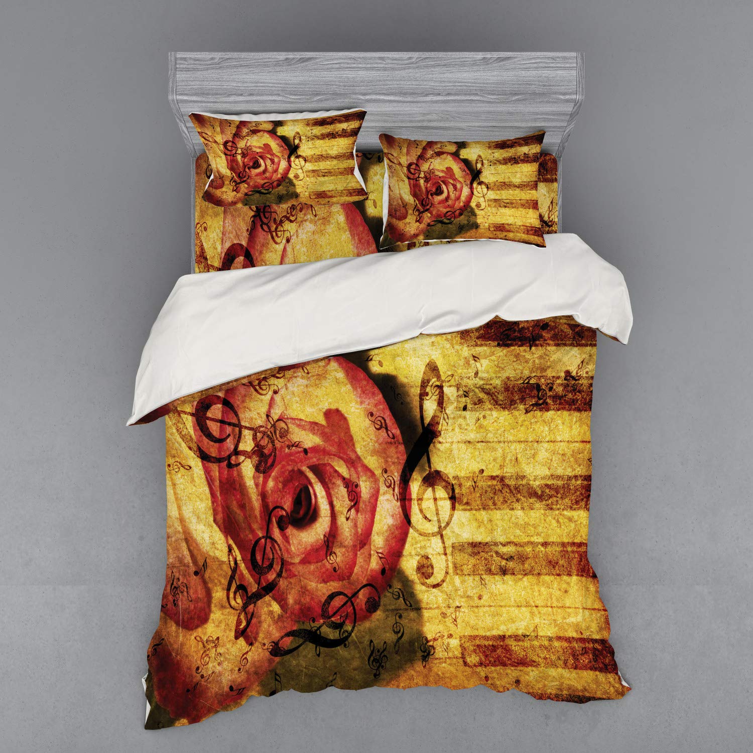 Ambesonne Vintage Rose Bedding Set - 4 Piece Duvet Cover with Piano Keyboard & Majestic Rose Design, Queen Size Cream Red Floral Bed Set for Romantic Bedroom Decor | Perfect for Master Bedroom, Guest Room & Bohemian Style Homes