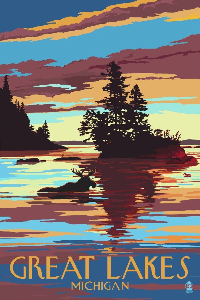 Signed Great Lakes Michigan Moose Swimming at Sunset 24x36 Art Print - Premium Wall Decor Poster for Living Room, Bedroom & Office