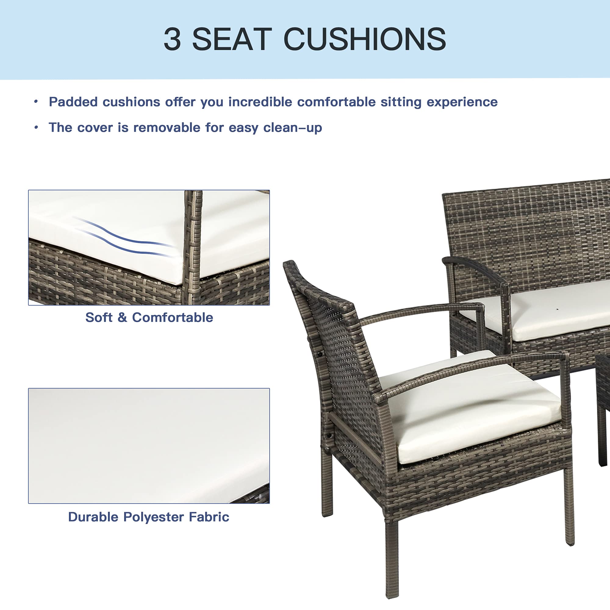 Outsunny 4-Piece PE Wicker Patio Furniture Set - Indoor/Outdoor Conversation Set with Chairs, Loveseat Sofa, Cushions & Glass Table - Light Gray - Perfect for Backyard, Sunroom, Poolside & Garden Relaxation