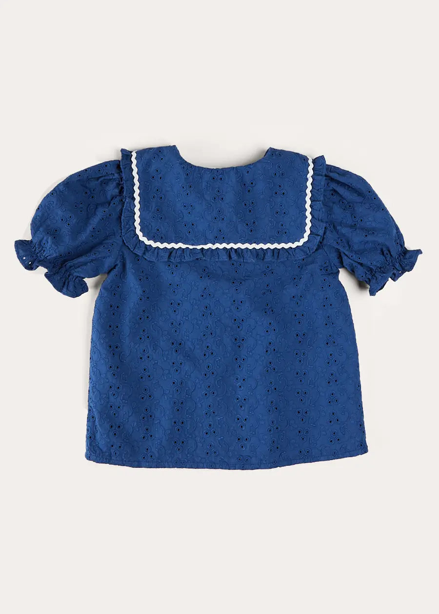 Blue Broderie Anglaise Statement Collar Short Sleeve Blouse for Girls (4-12 Years) - Perfect for School, Parties & Special Occasions