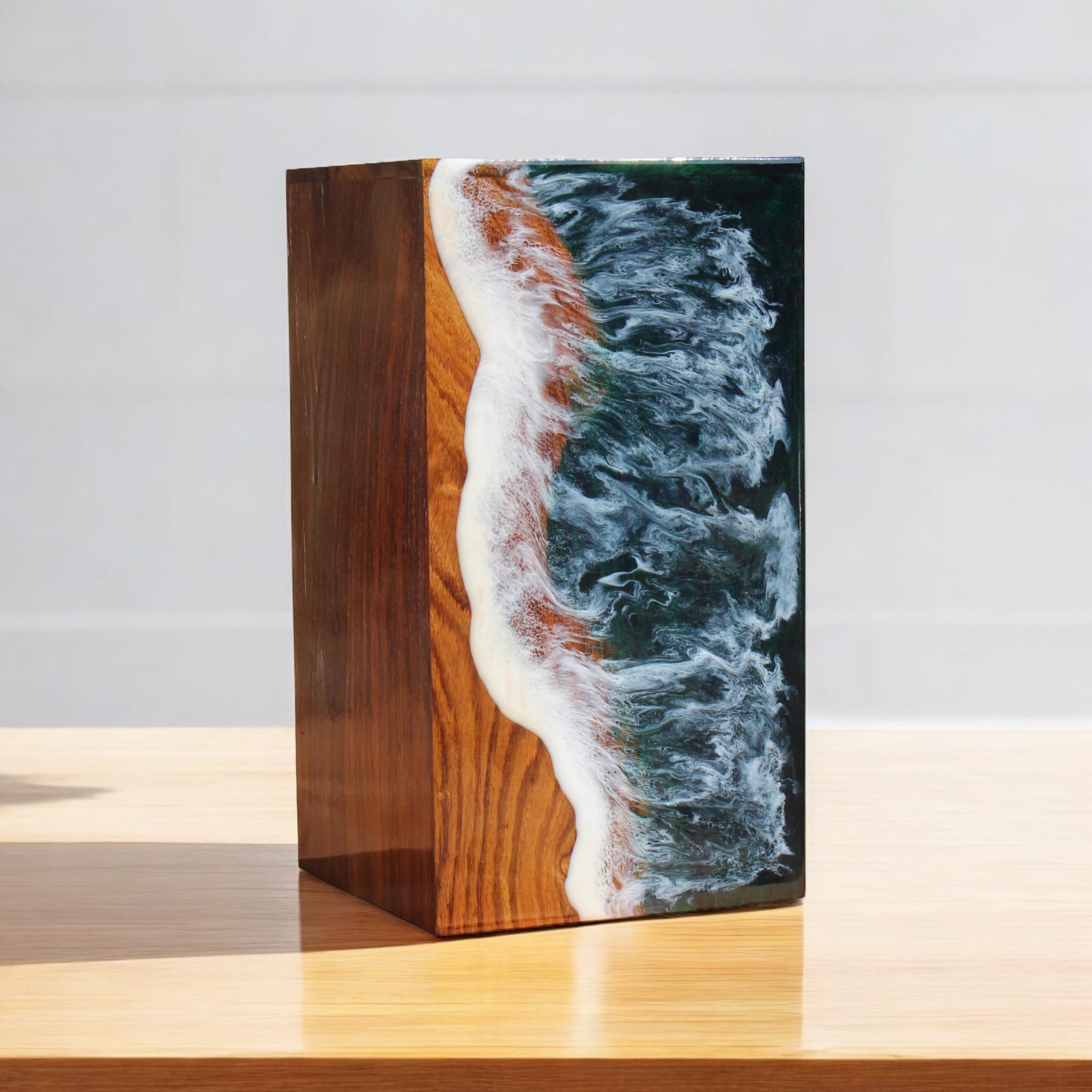 Ocean-Themed Wooden Resin Cremation Urn for Ashes - Handcrafted Coastal Memorial Urn for Adult Male - Perfect for Beach Memorials, Home Display & Celebration of Life Ceremonies