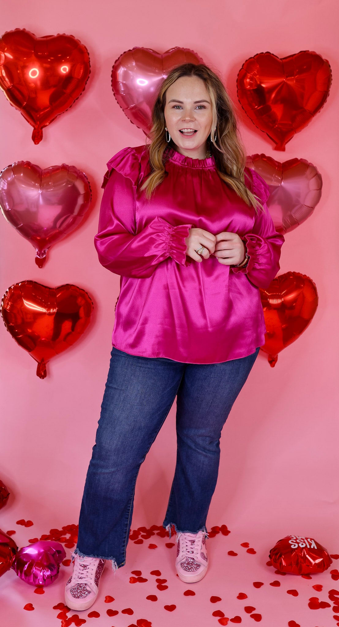 Can't Stop Me Ruffle Mock Neck Long Sleeve Satin Blouse in Fuchsia Pink | Elegant Women's Fashion Top for Party, Date Night & Office Wear