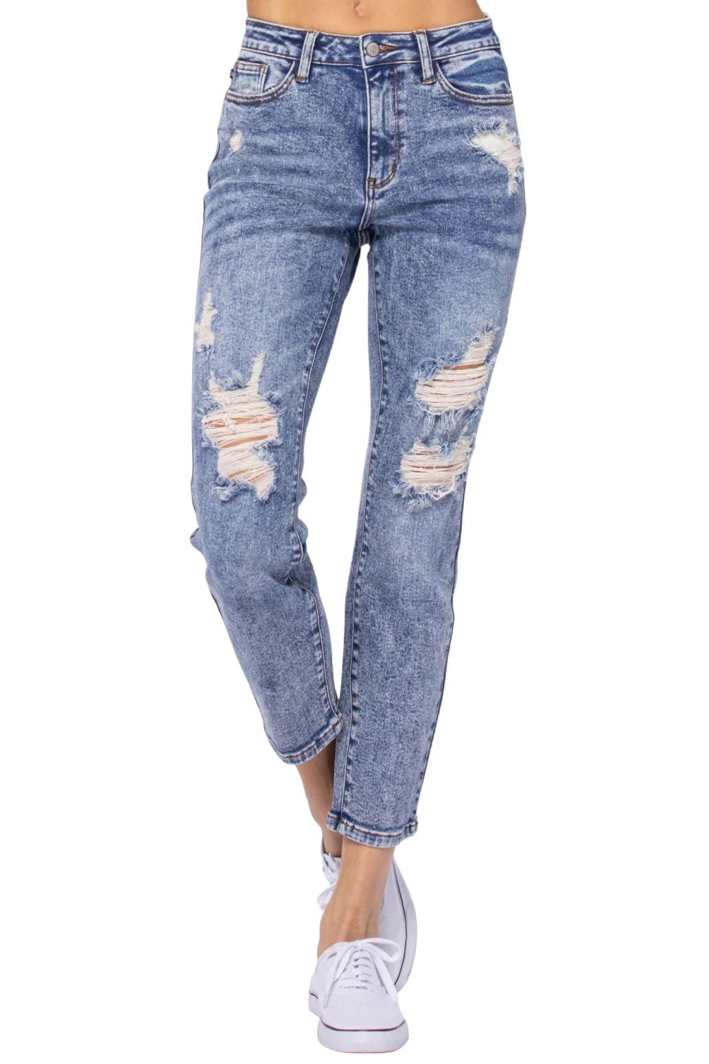 Judy Blue Acid Wash Destroyed Boyfriend Jeans for Women - High Waisted Distressed Denim Pants (Style 88281, Size 9) | Perfect for Casual Outfits, Streetwear & Everyday Wear