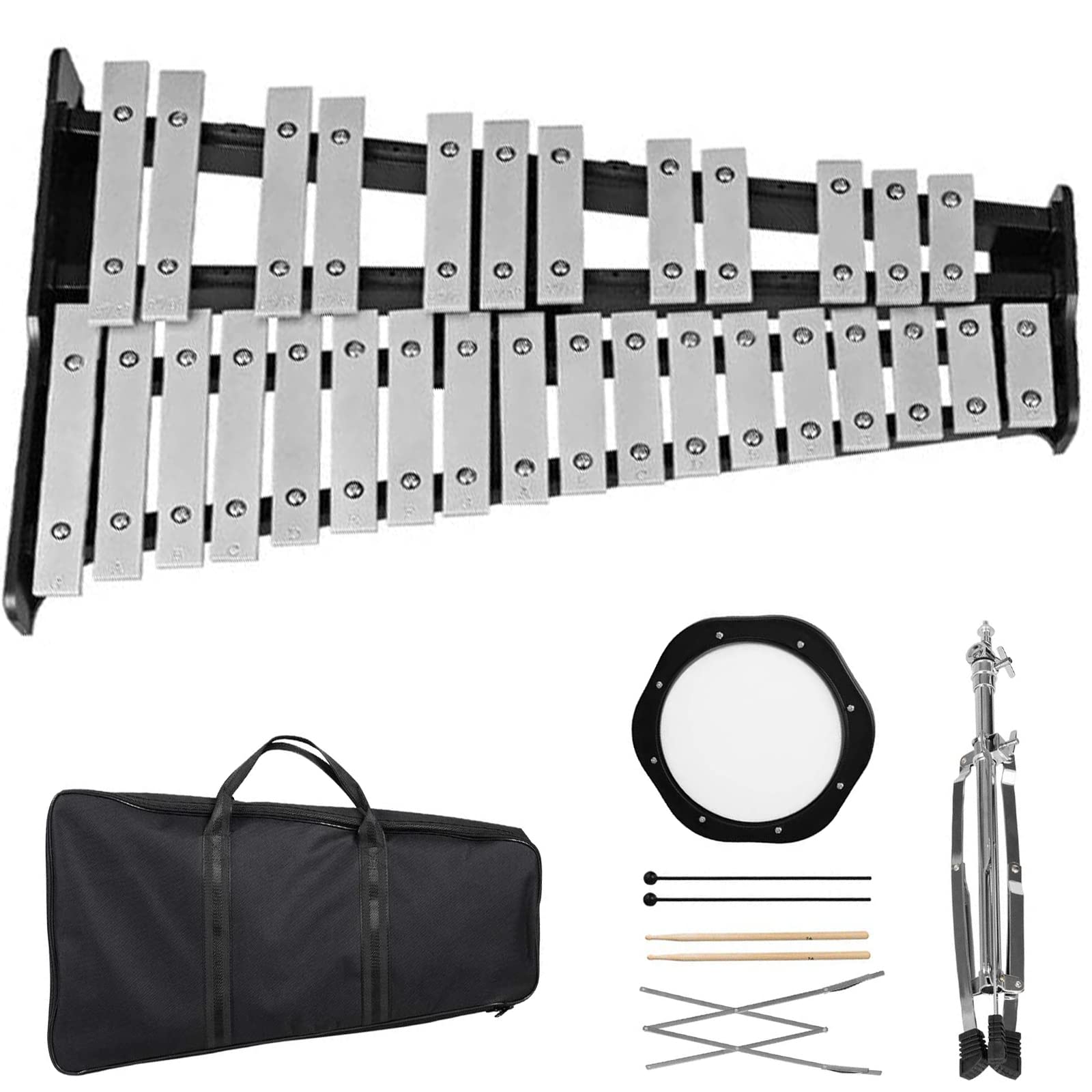 Giantex 30-Note Percussion Glockenspiel Bell Kit with Carry Case, Practice Pad, Adjustable Stand, Mallets & Wooden Sticks - Complete Xylophone Instrument Set for Kids, Beginners & School Music Classrooms (Perfect for Home Practice, Band Performances & Music Education)