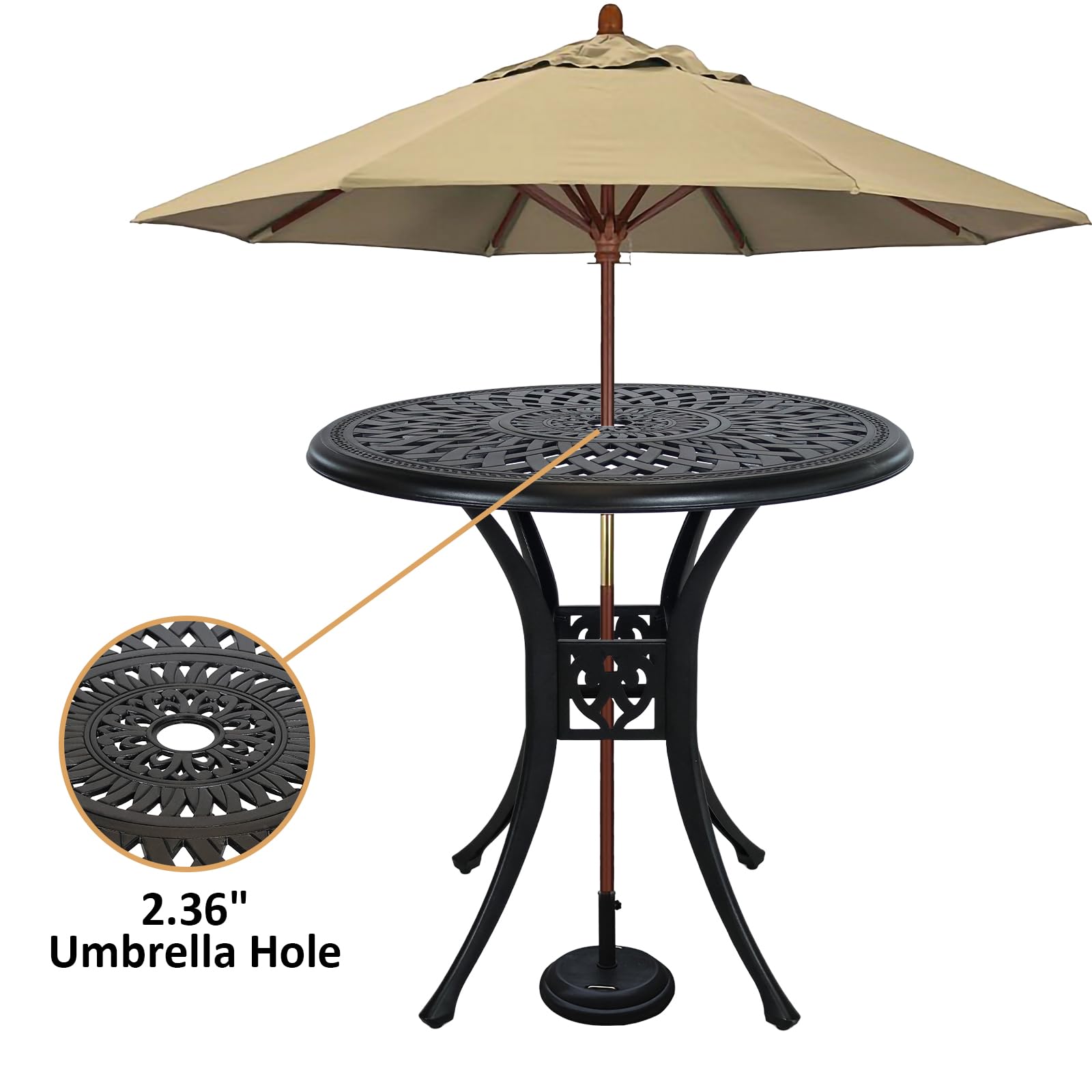 30 Inch Round Outdoor Patio Table with Umbrella Hole - Durable Cast Aluminum Bistro Table for Porch, Backyard, Garden - Weather-Resistant Metal Side Table (Black) - Perfect for Dining, Lounging and Outdoor Entertaining