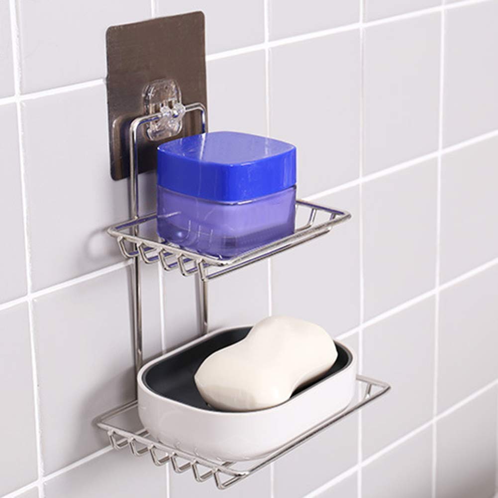 Stainless Steel Wall Mounted Double Layer Soap Dish Holder - Rustproof Bathroom & Kitchen Soap Storage Rack with Self-Adhesive Sticker (Silver) - Perfect for Shower, Sink Countertop, and Vanity Organization