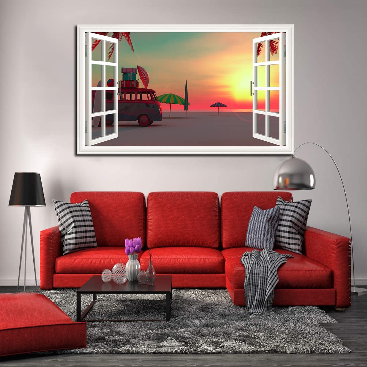 Minimalist Picnic Van Beach Canvas Art - Fake Open Window Wall Decor for Living Room, Office, Bedroom - Ready to Hang - Perfect for Coastal, Boho & Farmhouse Home Decor