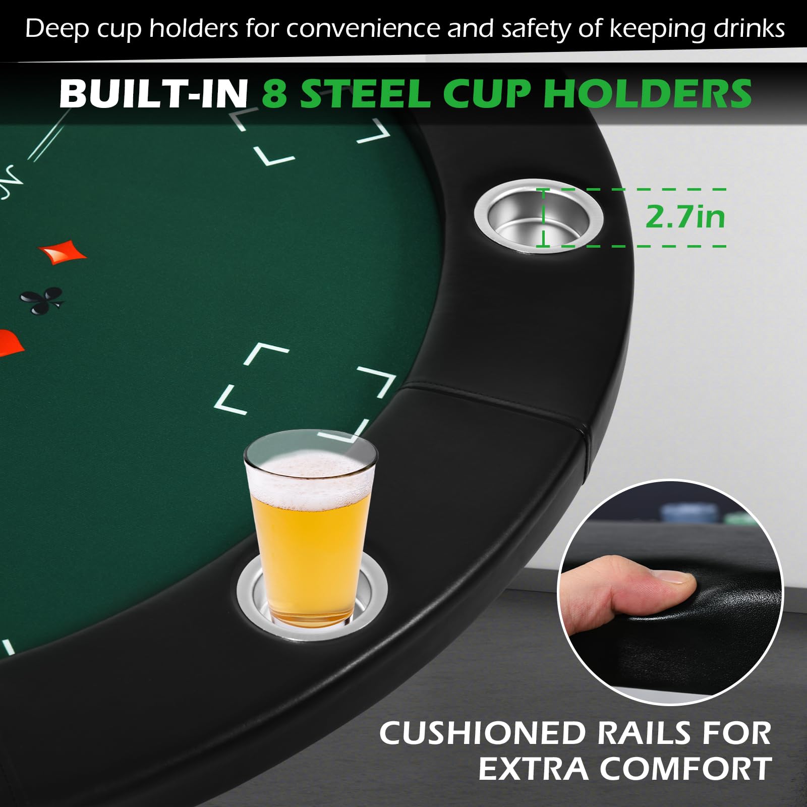 Premium 8-Player Round Poker Table Foldable - Casino Style Card Game Table with Stainless Steel Cup Holders & Padded Rails - Folding Texas Holdem Blackjack Table for Home Game Nights & Casino Parties (Black) - Perfect for Poker Nights, Casino Themed Events & Family Game Gatherings