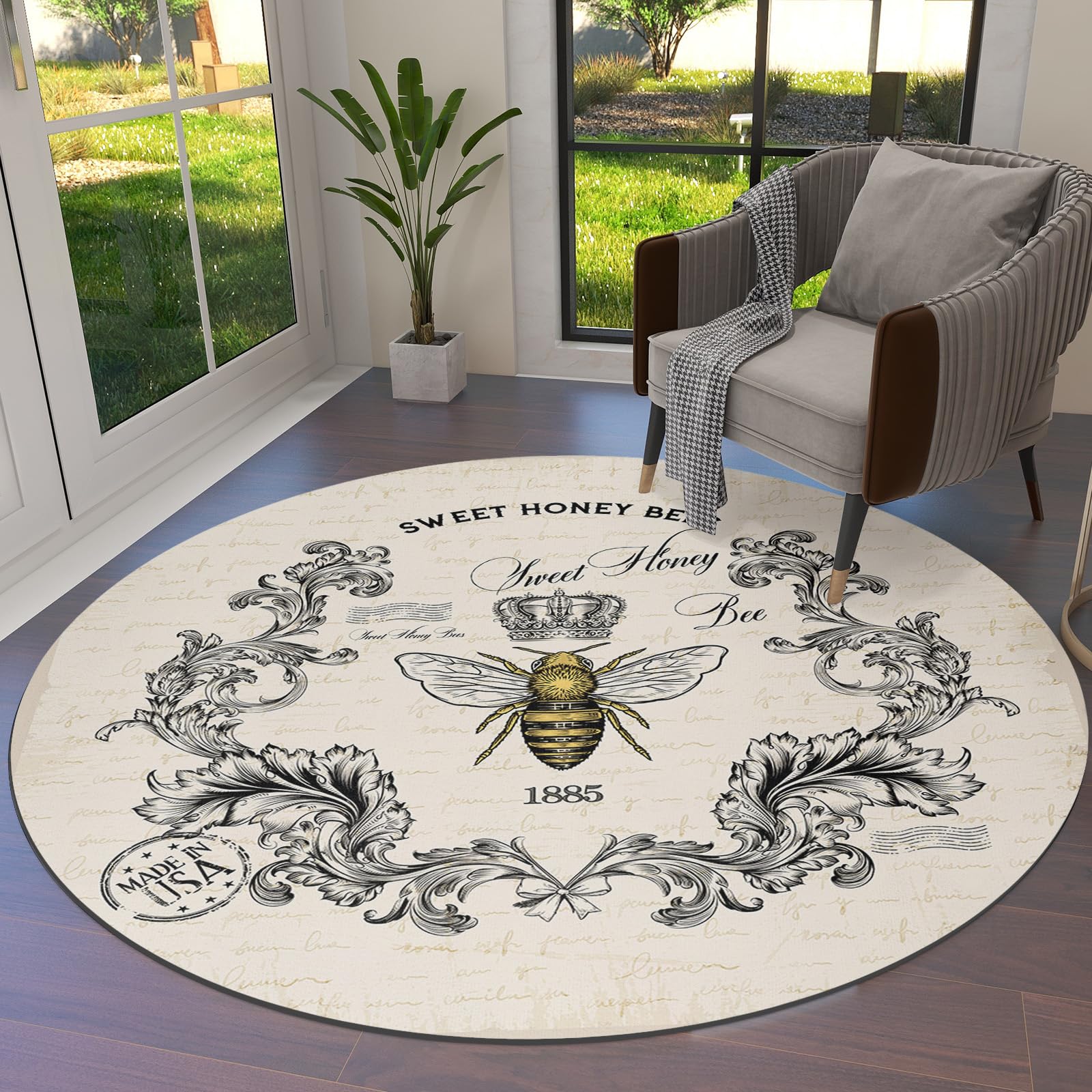 Vintage Floral Print Non-Slip Round Area Rug - 6ft Diameter Indoor Floor Carpet for Living Room, Kitchen, Porch & Kids Room | Sweet Honey Bee Design | Perfect for Home Decor, Cozy Spaces & High Traffic Areas