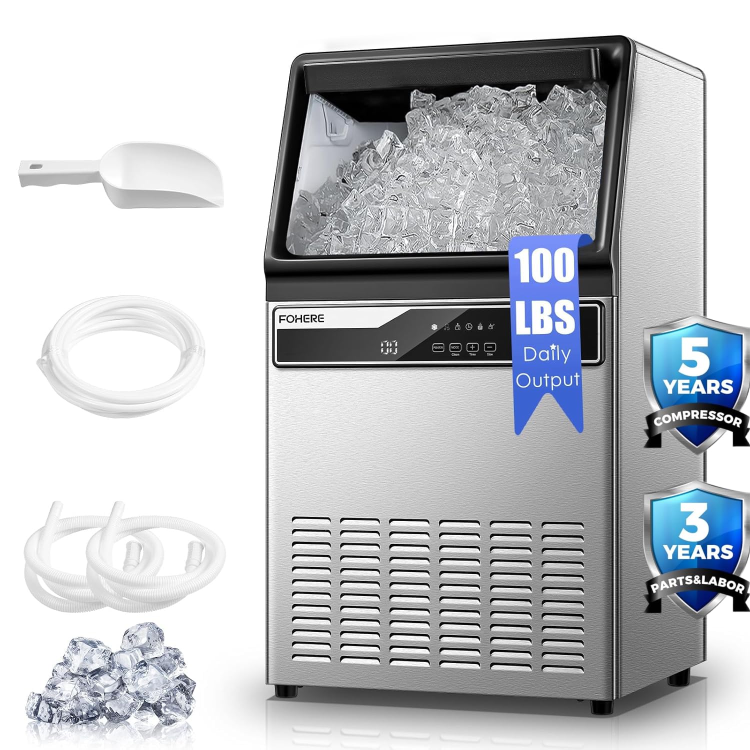 Commercial Ice Maker Machine 100lbs/Day, Stainless Steel Under Counter Ice Machine with 33lbs Storage Bin - Freestanding Heavy Duty Ice Maker for Restaurants, Bars, Cafes, Home Offices & Commercial Use - Perfect for Cocktails, Beverage Service & Food Preservation