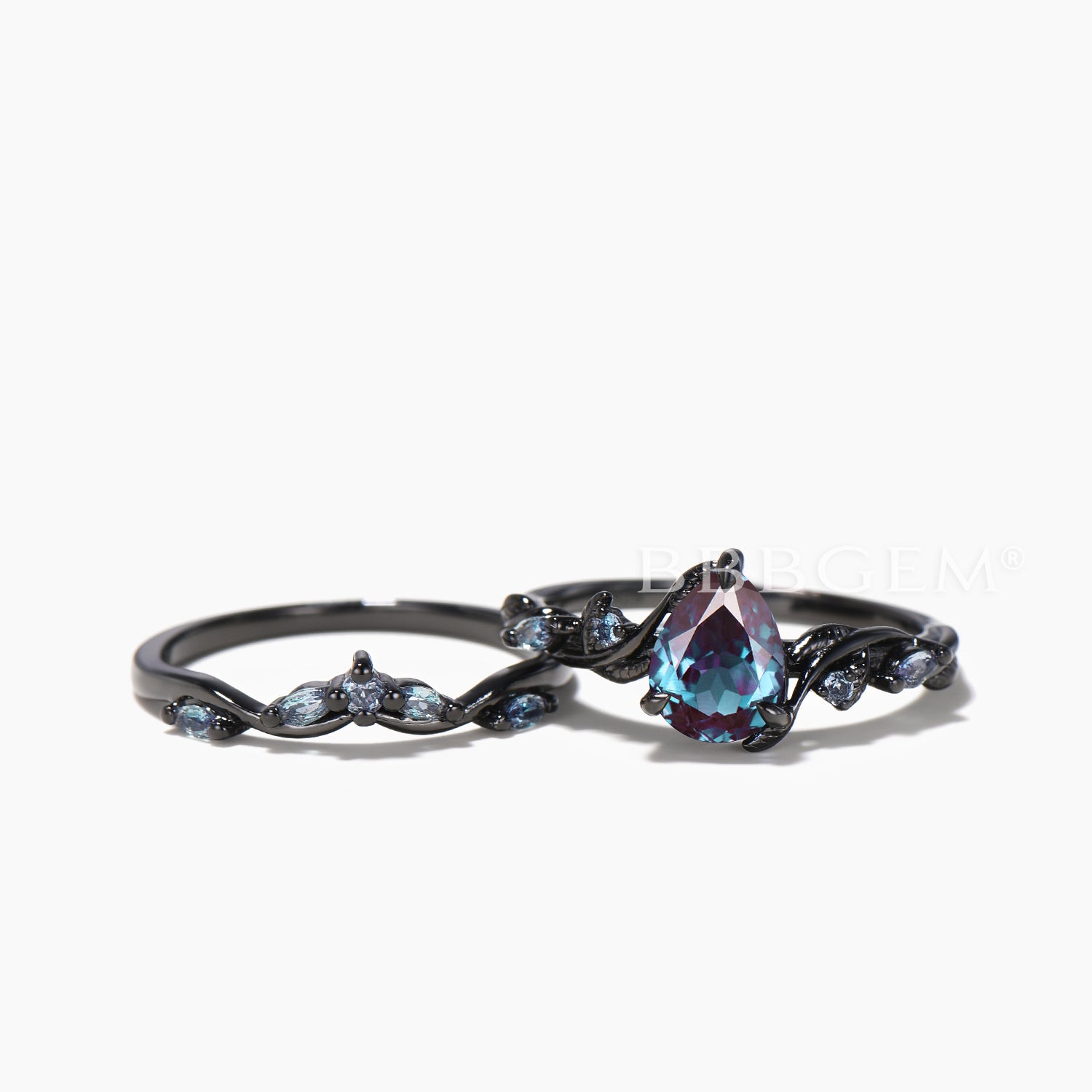Teardrop Color Changing Alexandrite Bridal Ring Set - Black Gold Twisted Nature Inspired Wedding Band for Engagement, Anniversary & Special Occasions