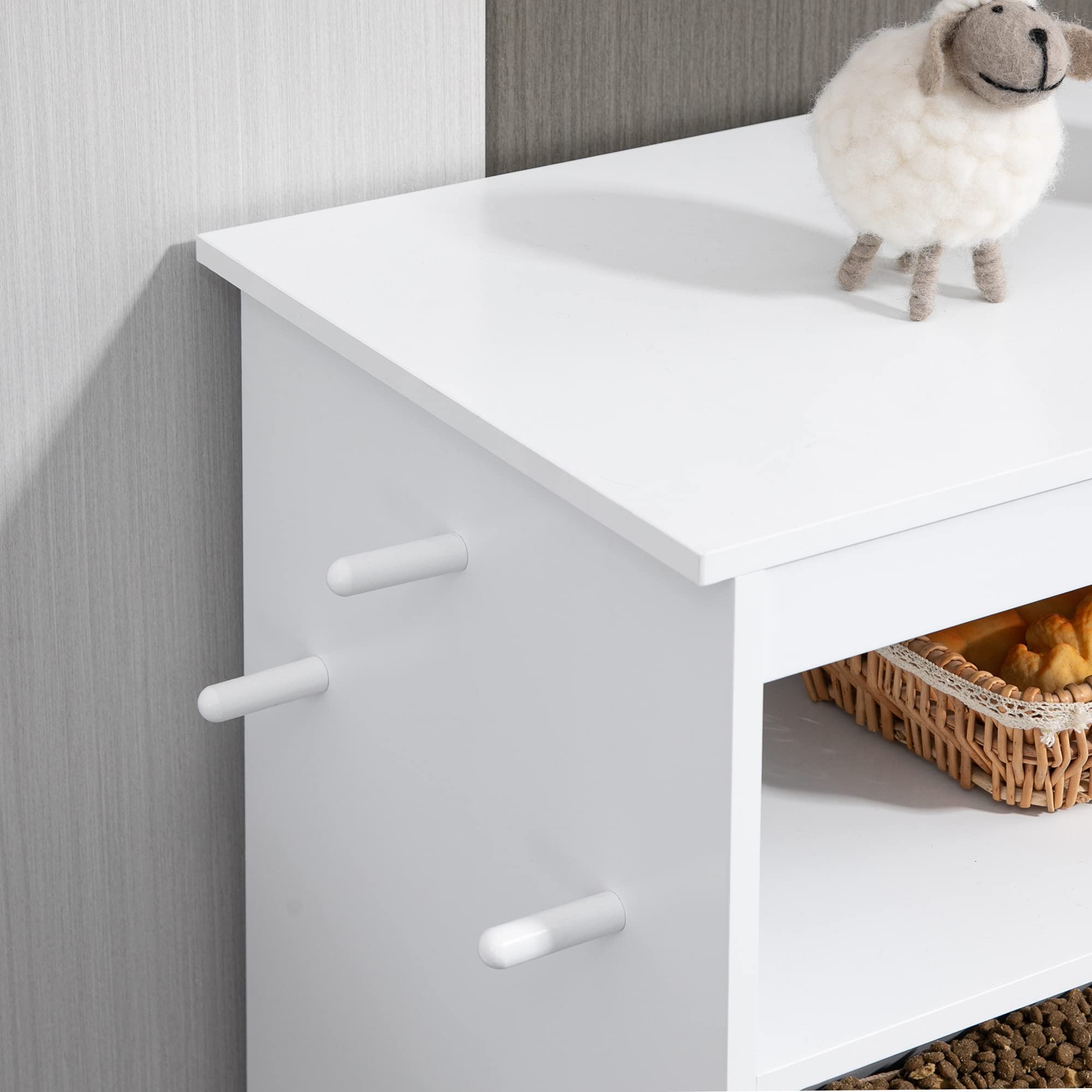 PawHut Elevated Dog Feeding Station with Food Storage Cabinet - Includes Raised Bowls & Hanger for Pet Food & Water Supplies - Perfect for Kitchen, Laundry Room or Pet Feeding Area - White
