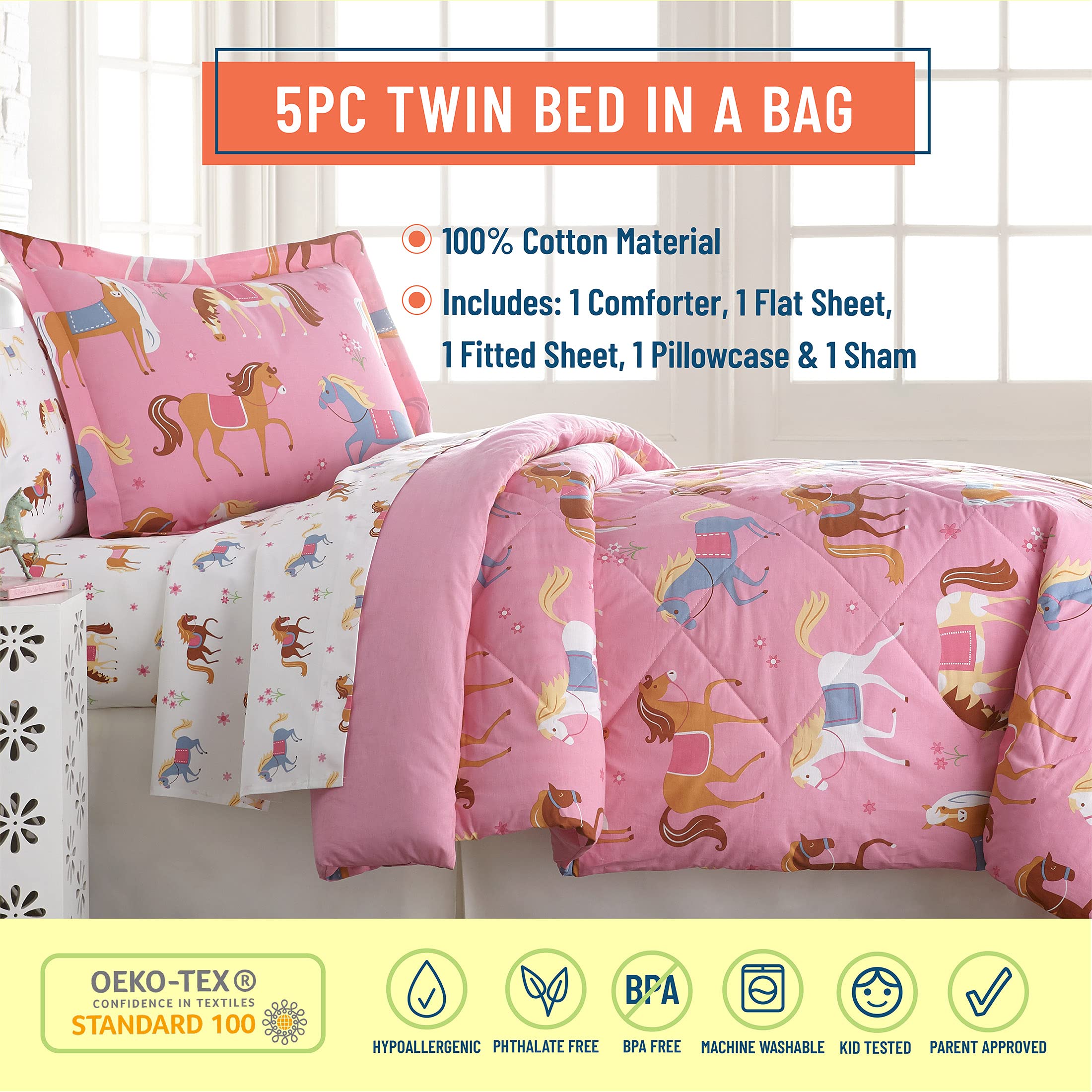 Wildkin Plush Blanket Set - 5 Piece Twin Bed in a Bag with Super Soft Cotton - Horse Design for Kids & Teens - Perfect for Bedroom, Dorm Room & Sleepovers