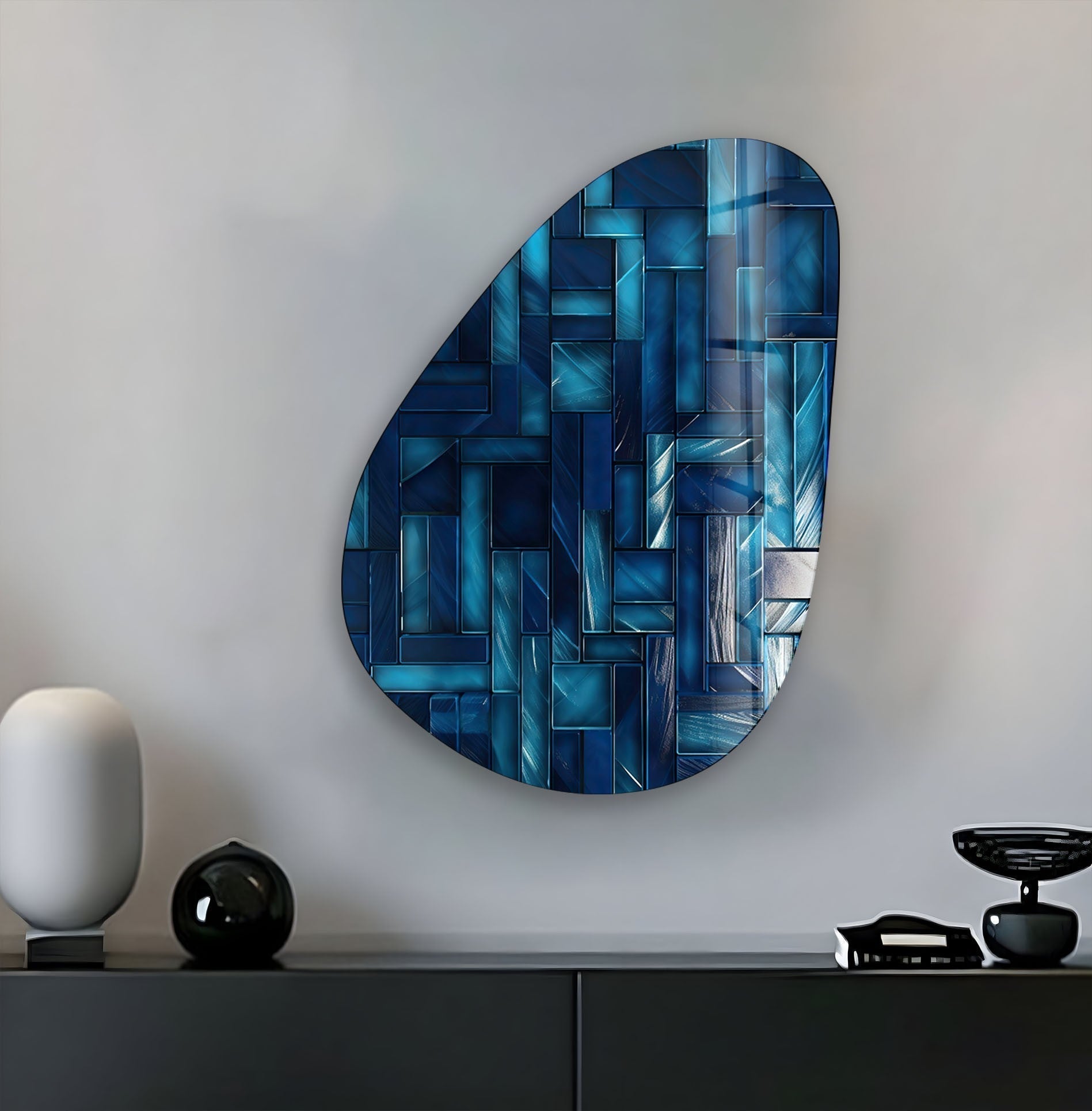 Asymmetrical Oval Navy Blue Lines Glass Wall Art - Modern Abstract Home Decor for Living Room, Bedroom & Office - Handmade Glass Wall Hanging for Unique Interior Design