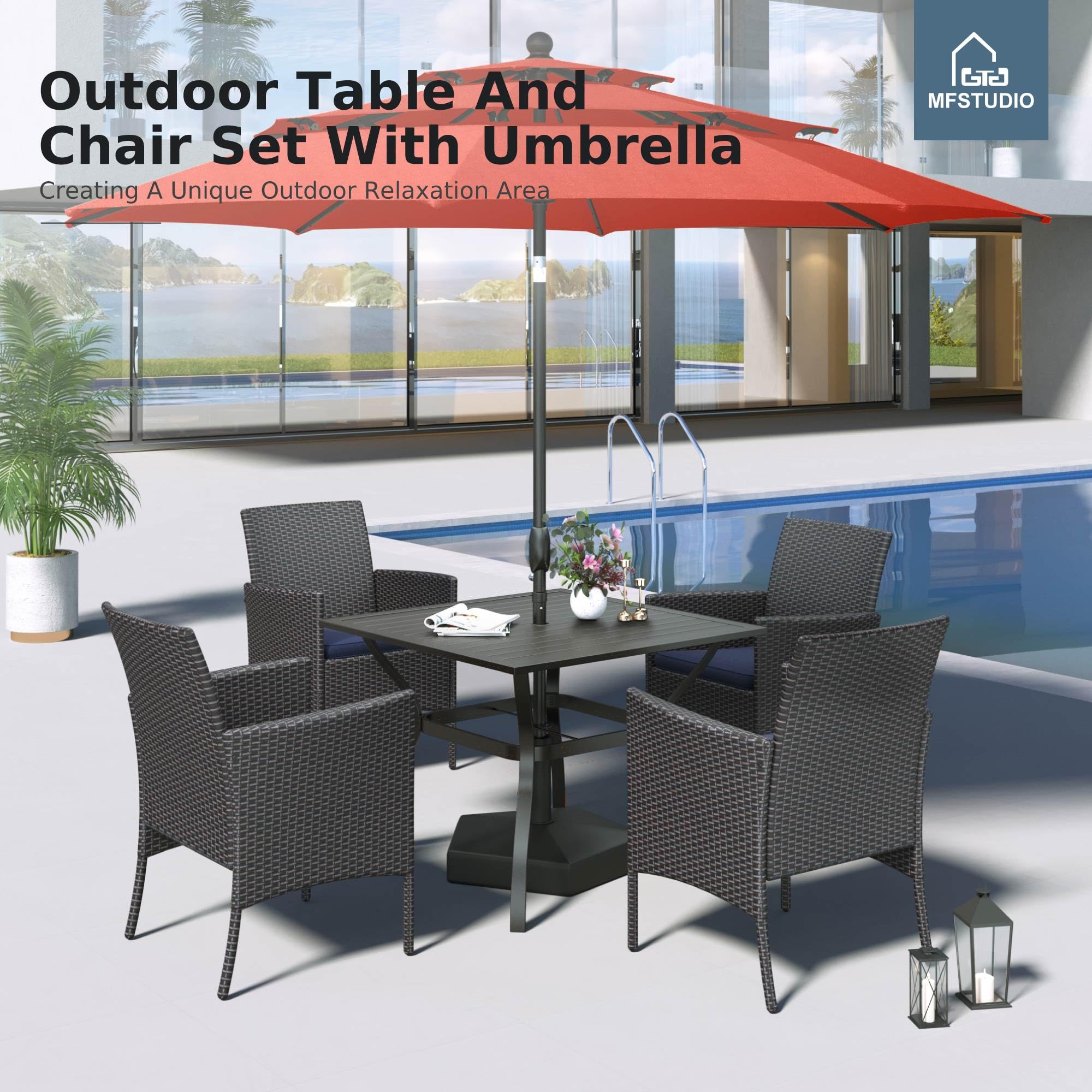 MFSTUDIO 6-Piece Outdoor Patio Dining Set for 4 with 10ft Umbrella - Square Wicker Table & Rattan Chairs - Weather-Resistant Garden Furniture for Backyard, Poolside, or Balcony (Orange Red)