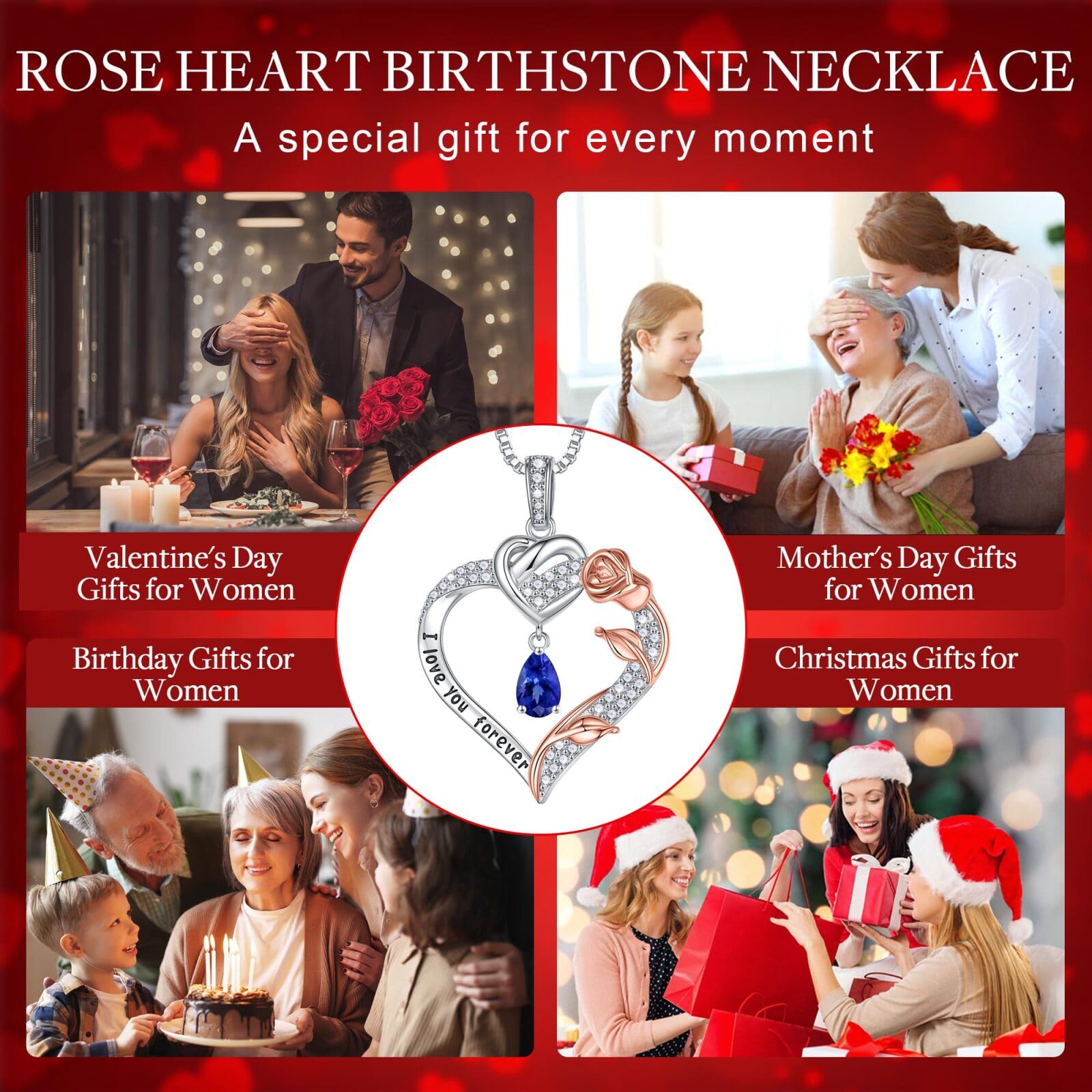 925 Sterling Silver Rose Heart Birthstone Necklace for Women - Personalized 