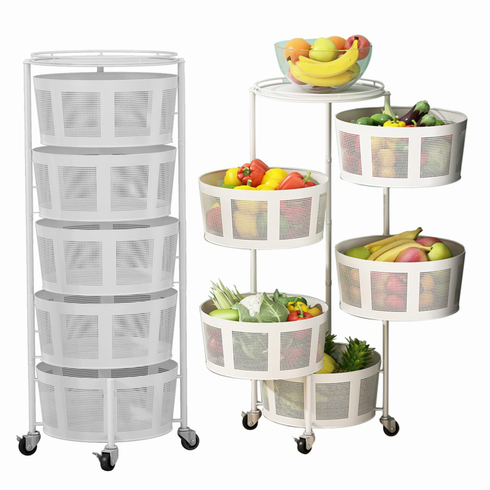 5-Tier Rotating Kitchen Shelf with Wheels - Multi-Layer Metal Storage Rack for Fruits, Vegetables & Kitchen Organization - Space-Saving Floor Standing White Shelving Unit for Pantry, Bathroom or Garage Storage