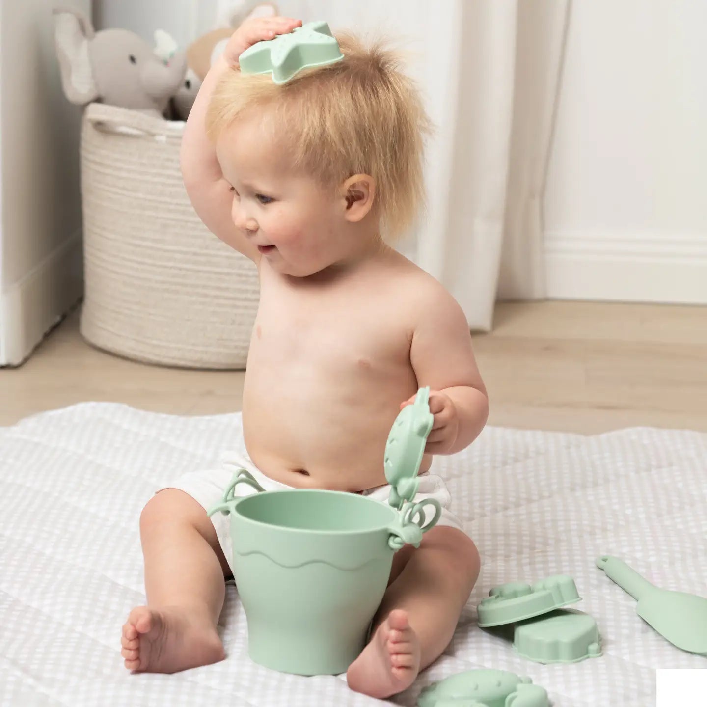 8-Piece Silicone Bucket Set - Light Sage Green for Kitchen Storage, Bathroom Organization & Kids Play - BPA-Free, Stackable & Durable