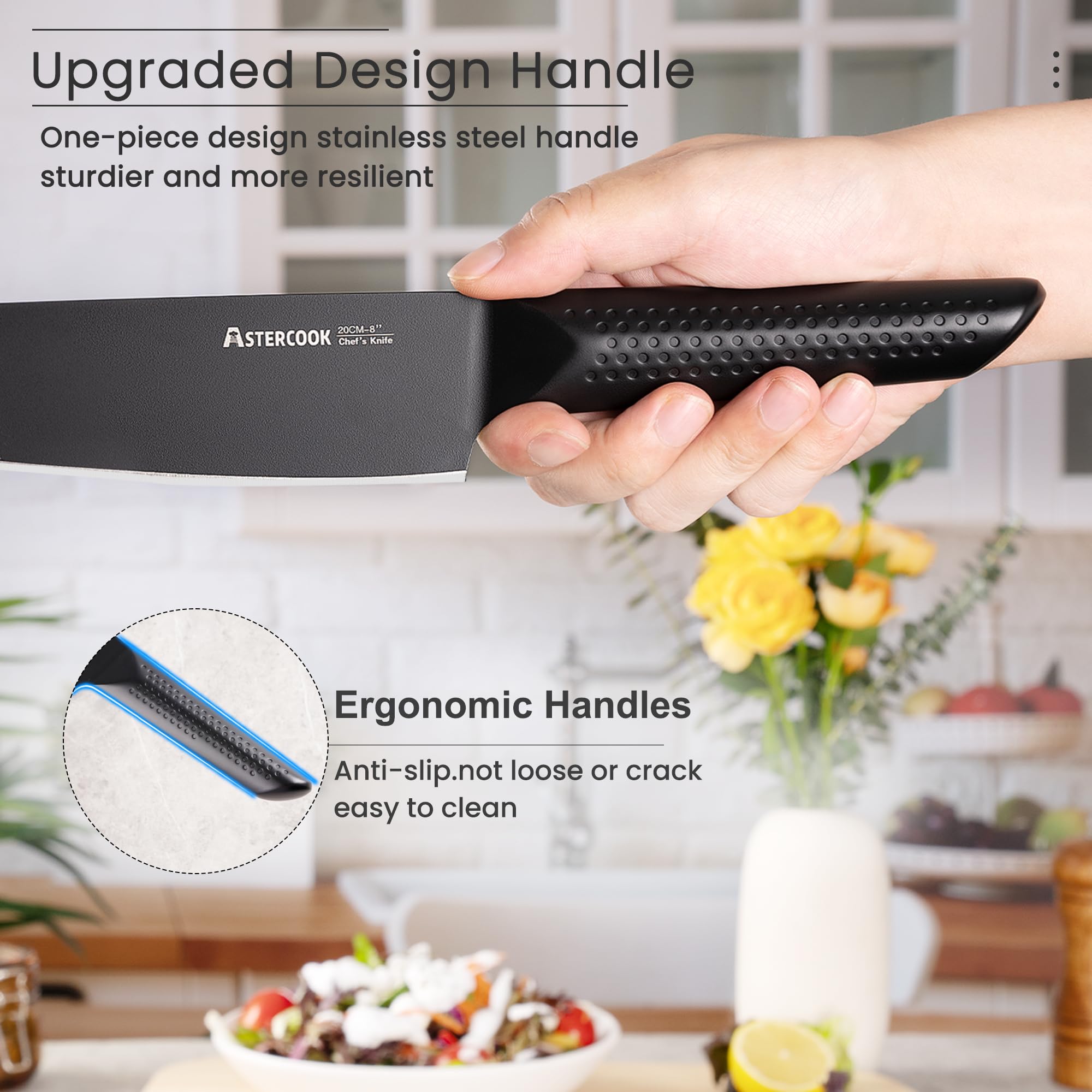 Astercook 21-Piece German Stainless Steel Chef Knife Set with Wooden Block - Professional Kitchen Knives for Cooking, Slicing & Chopping - Dishwasher Safe Black Knife Set for Home Chefs & Culinary Enthusiasts