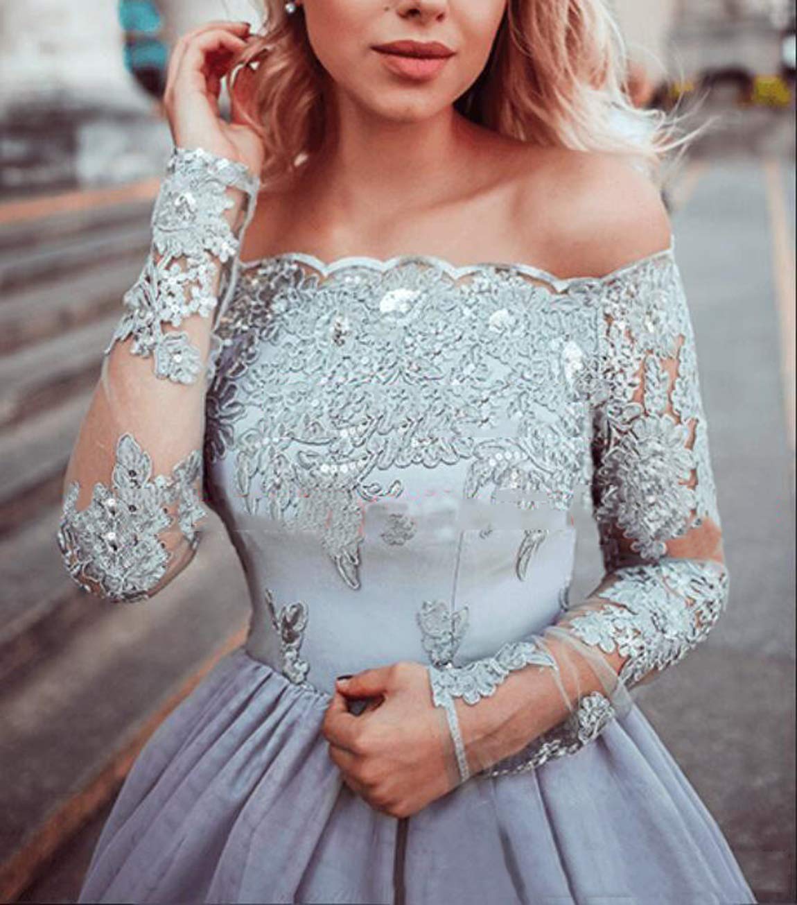 2025 Homecoming Dresses for Women - Elegant Off Shoulder Long Sleeve Lace Appliques Short Prom Cocktail Party Dress (Grey) - Perfect for School Dances, Formal Events & Special Occasions