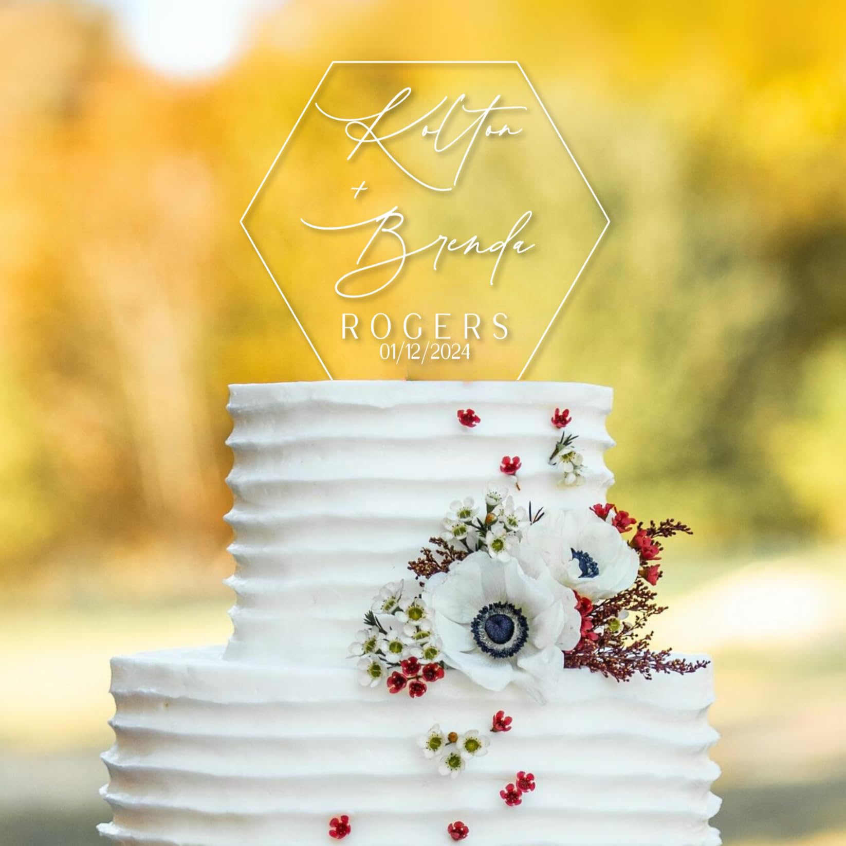 Custom Personalized Acrylic Wedding Cake Topper with Names - Hexagonal Design with Leaf Accents - Perfect for Wedding Cakes, Anniversary Cakes & Special Occasions